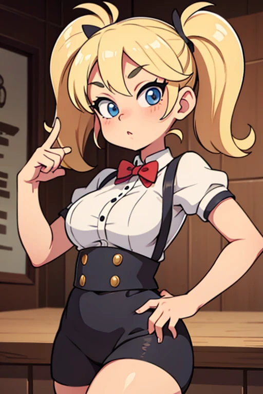 <lora:InmortalGod-001:0.8>,1girl,solo,blonde hair,blue eyes,breasts,large breasts, hair bun,single hair bun, drill hair,(High-tech corporate office background:1.2),(kilt:1.2, (Pretending to hug a teddy bear :1),