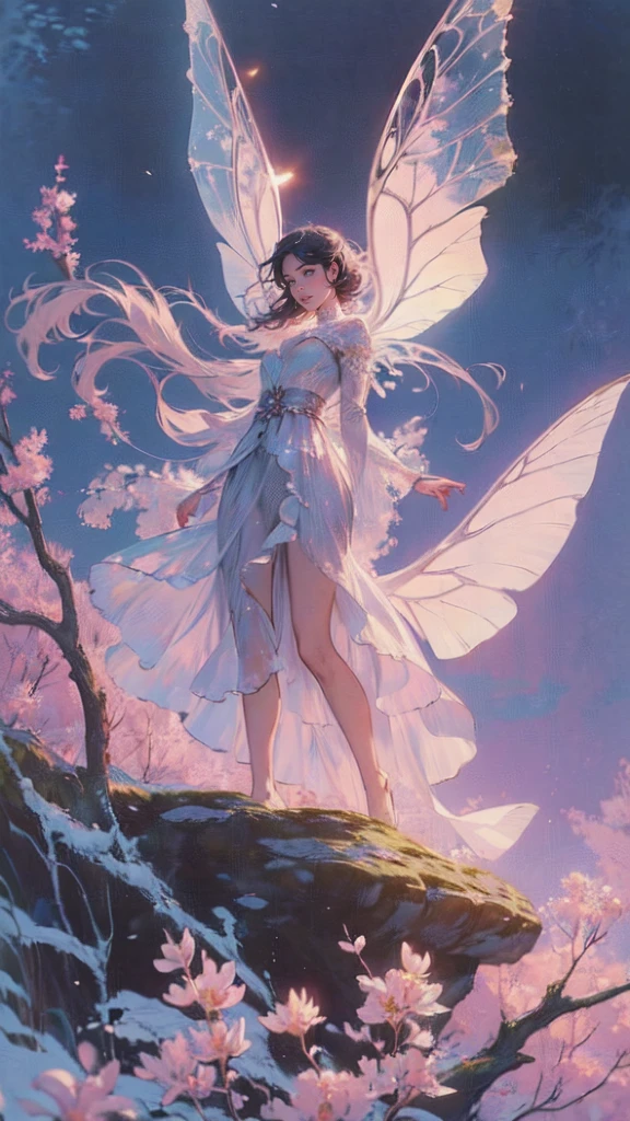 ((best quality)), ((masterpiece)), (detailed), ethereal beauty, perched on a pink blossom tree, (fantasy illustration:1.3), enchanting gaze, captivating pose, solo girl, delicate butterfly wings, otherworldly charm, mystical sky, (Luis Royo:1.2), (Yoshitaka Amano:1.1), moonlit night, soft colors, (detailed cloudscape:1.3), (high-resolution:1.2) (dragon flying in the sky) long white dress, legs dangling above pond, long victorian dress,