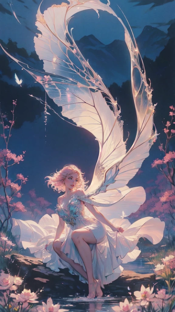 ((best quality)), ((masterpiece)), (detailed), ethereal beauty, perched on a pink blossom tree, (fantasy illustration:1.3), enchanting gaze, captivating pose, solo girl, delicate butterfly wings, otherworldly charm, mystical sky, (Luis Royo:1.2), (Yoshitaka Amano:1.1), moonlit night, soft colors, (detailed cloudscape:1.3), (high-resolution:1.2) (dragon flying in the sky) long white dress, legs dangling above pond, long victorian dress,