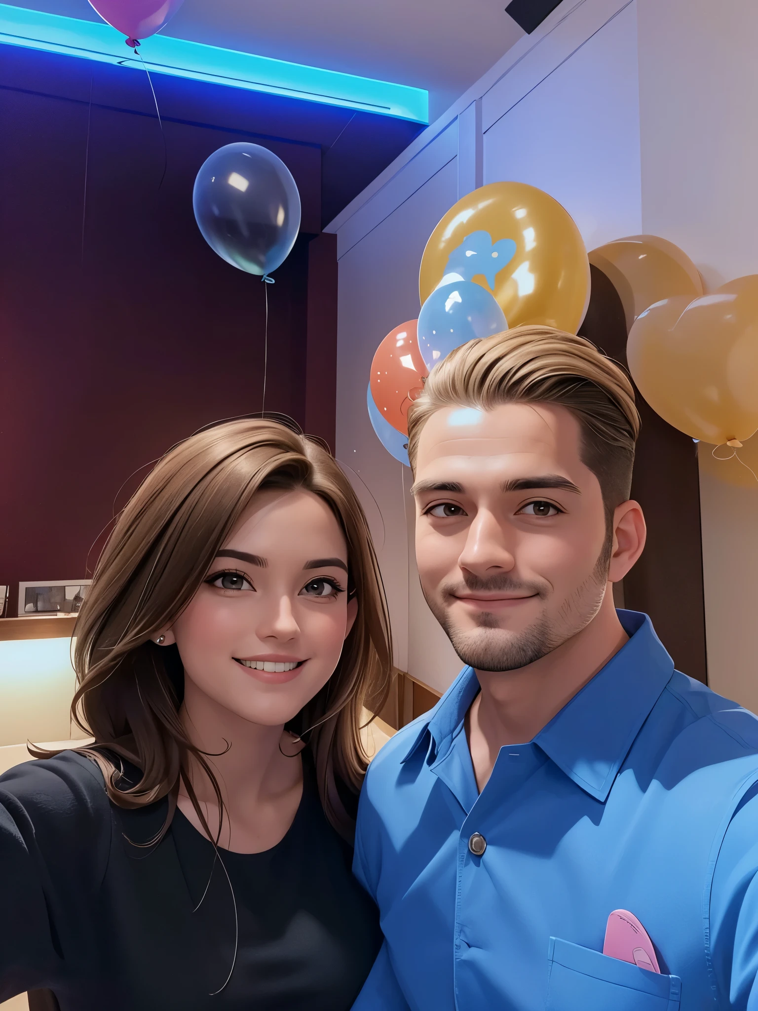 there is a handsome man and a beautiful woman standing together in a restaurant, celebrating a birthday, at a birthday party, happy birthday, photo taken in 2 0 2 4, happy couple, he is! about 3 0 years old, balloons behind head, 8k selfie photograph, masterpiece, highly detailed, dynamic