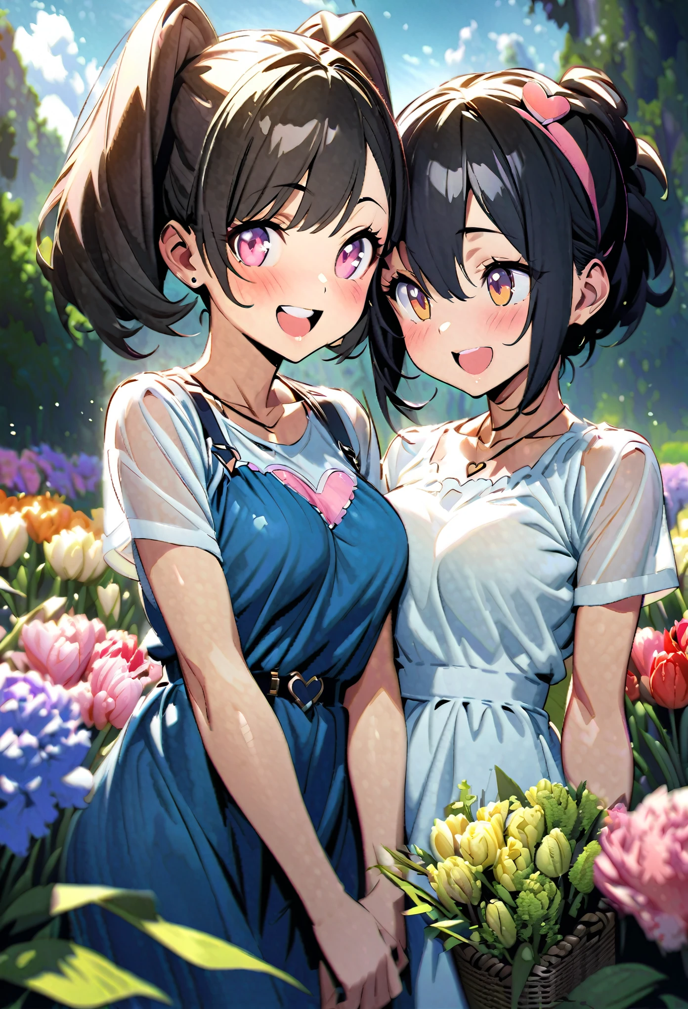 (fantastic illustration:1.4),(watercolor:1.25 ),(High_quality:1.4),(high_resolution:1.4),(high_definition:1.4),(tone_mapping:1.2),(color_field:1.3),(Detailed_Glow:1.2),(Best_Illumination:1.2),(Super_Detail:1.4),(Best_Light:1.3),(Intricate_Detail:1.2),(Hyper_Detail:1.2),(mixed_media:1.2),(multicolor:1.2),(magic_realism:1.4), manga illustration,manga style,line art,(sketch:1.2),rough drawing,(black outline:1.3),. ((2girls)),(((mother's day))),(mature woman), BREAK, 1 beautiful girl, Solo,(Cute:1.5),(Chibi:0.8), (kawaii:1.5),(:0.5),(girl, Cute, Cheerful, face, medium breasts:1.2),(Pink hair,disheveled short twin tails,tareme,Gold eyes:1.2),gleaming skin,Clear skin, cleavage of the breast,Beautiful , gleaming skin,Clear skin, Beautiful skin,( A smile:1.5),(best quality face),(Top quality glowing eyes),(The best smile,:D:1.45), short sleeves,shirt,white shirt,see-through, dress,blue dress,fingernails,white dress,sleeveless dress,sleeveless, bouquet,necklace,yellow flower,basket,earrings,purple flower,holding bouquet,pink flower, tulip,blue flower,red flower,orange flower,holding basket,holding flower,white flower,stud earrings,pendant, AND ((2girls)), 1 beautiful horny girl,alone,(cute:1.5),(Chibi:0.8),(kawaii1.5),(loli),(horny girl, cute, full of energy, change face,slightly swollen chest),(black hair, messy short bob, story me, pink eyes:1.55 ),(full of energy, goofy smile, bad face:1.2),(white bunny ears headband:1.2),(smile,shine tooth:1.45), holding,hug,asymmetrical docking,yuri,teeth,upper teeth only,short sleeves,shirt,white shirt,see-through, dress,blue dress,white dress,sleeveless dress,sleeveless,heart,((pink heart hair ornament)), AND ((2girls)),no humans,(scenery,insanely detailed),outdoors,flower,(carnation),day,tree,sky,cloud,field,blue sky,flower field,sunlight,grass,leaf,plant,mountain,hydrangea,cloudy sky,nature,