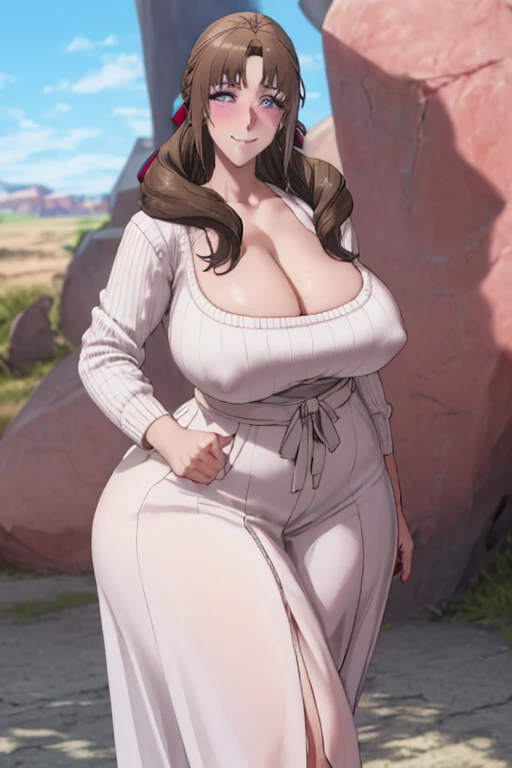 huge , plump, masterpiece, ((Cleavage))(best quality), 1 female,1 Girl ,your mother_Large skewers,   Brown hair,  Long hair,  (Hang down your hair), Purple Eyes,Mature female, White shirt, Long skirt, sweater, ribbon,Sexy woman,Smile,  ,Closed Clothes, Awkward,blush,  Bare shoulders, Vibrant colors ,natural lighting  ,ringing,  , fair, (Delicate face:1.2), exhibit, (Perfect eyes:1.1) ,(Reality:1.1), Squint your eyes, Smile, Large Breasts. （Cleavage）8k, Super detailed, fair and aesthetic, high quality, fair, masterpiece, best quality, permanent, lean forward, Glowing skin, Sticking out tongue of mouth, blush, Sexy body, Definition, Perfect eyes, Sticking out tongue, blush, Strabismus,（with tears in eyes, Saliva residue）, The hem of the skirt is wet, Brushed, photography, 8k, HDR, high resolution, absurd:1.2, Kodak Portrait 400, Film Grain, Blurred background, Bokeh:1.2, lens flare, (Energetic_color:1.2),专业photography师背景,