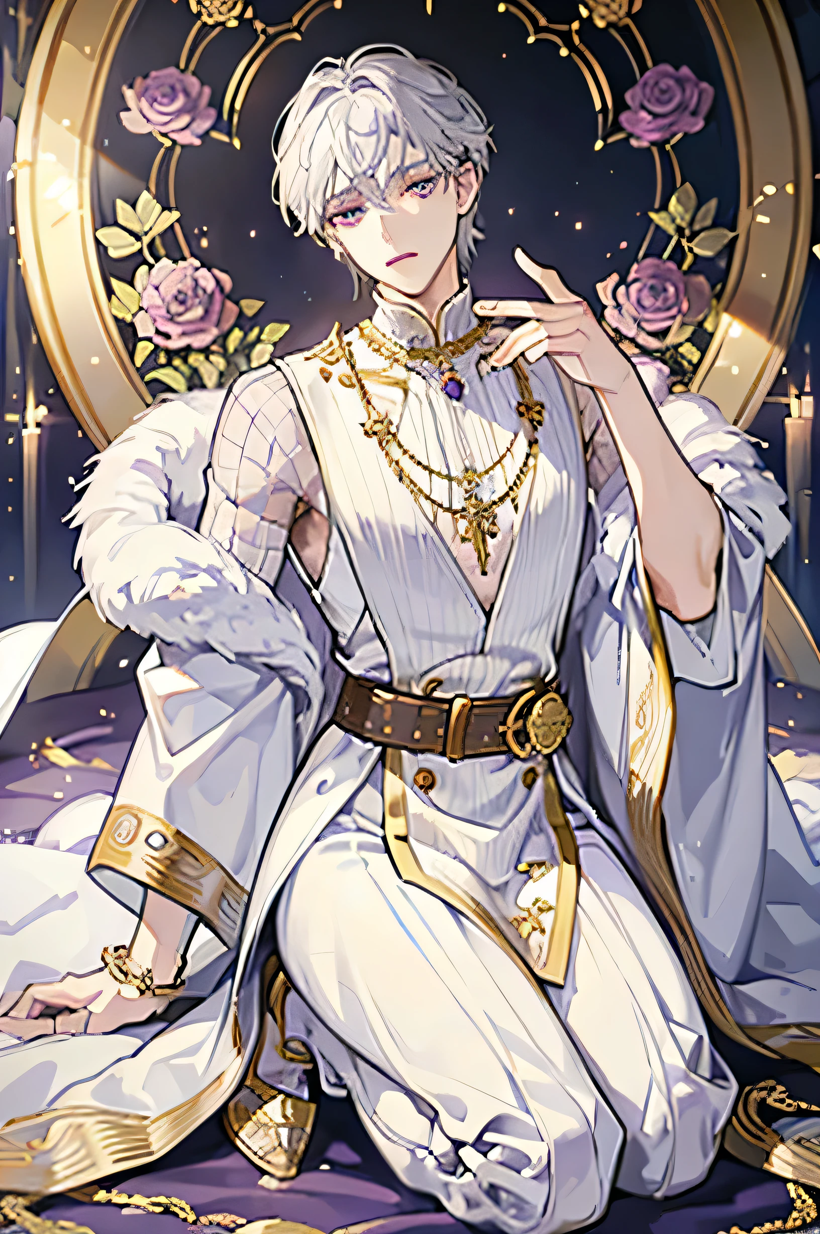 "A flowing white silk shirt with billowing sleeves, delicate lace trimmings, and intricate silver and gold embroidery is paired with loose-fitting silk pants tapering at the ankles, complemented by a long white velvet coat adorned with silver and gold embroidery; accessories include a pastel flower crown, silver and gold filigree necklace with an amethyst pendant matching his enchanting amethyst eyes, delicate silver and gold bracelets embellished with amethyst gemstones, an ornate silver and gold belt, and white leather ankle boots with silver and gold accents, completing his ethereal ensemble; as a male, his fluffy white hair, short hair and his captivating light purple eyes with a yellowish ring exude celestial wisdom and grace."
