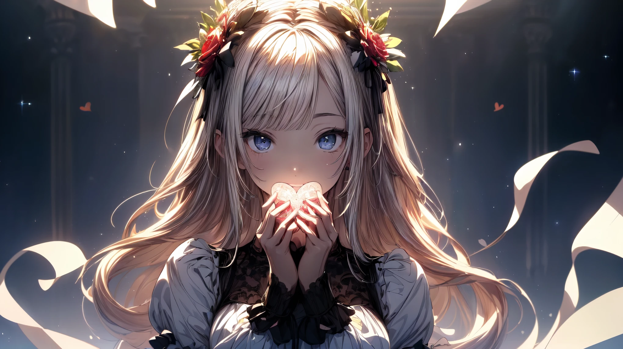 ((Obra maestra)), ((of the highest quality)), ((high resolution)), ((Muy detallado、 Fondo de pantalla 8K)), chica、(ojos brillantes)、vestido lolita、la mejor sonrisa、Make a heart with both hands.、hermoso anime