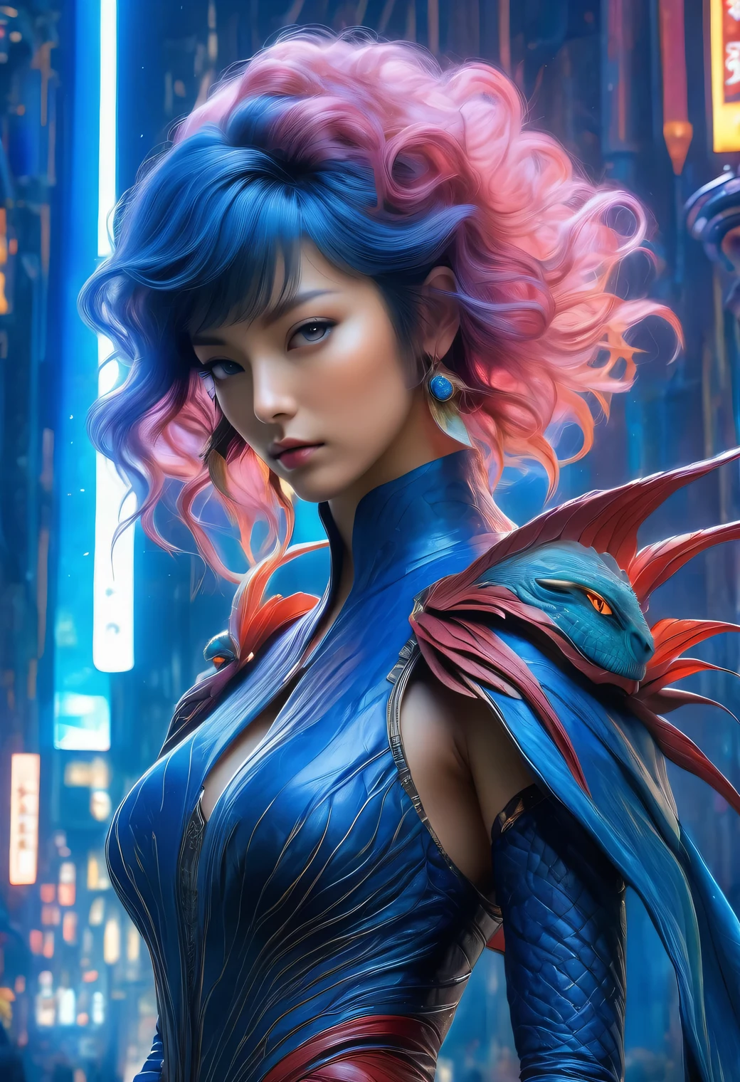 best quality,4k,8k,highres,masterpiece:1.2,ultra-detailed,realistic:1.37,HDR,UHD,studio lighting,ultra-fine painting,sharp focus,physically-based rendering,(Yoshitaka Amano style:1.1),SFW,(safe for work), An italian woman and her guardian familiar, mystical creature,otherworldly creature,kaiju-like,enchanting companions,wearing stylish futuristic clothes,inspired by Phantasy Star Online, dynamic poses, (The woman, with her eyes brightly colored, no makeup and her italian facial features elegantly detailed, adding to her allure. Dressed in elegant casual clothes with a stylish futuristic jacket.),(She has beautiful short curly black hair), (She is accompanied by a guardian, a vegetal and viper mixed creature with exquisite carnivorous plant features. The creature's presence adds a sense of wonder and magic to the scene.), (The woman and her companion stand in a dark and gothic city, a modern metropolis with exotic alien plants, and vibrant signs. The colors are vibrant, with a mixture of dark blues, browns, and pale reds creating a dreamlike atmosphere.), (The lighting is soft but illuminating, casting a gentle glow on both the woman and the creature.), (The overall composition has a realistic and photorealistic quality, capturing the essence of the scene in intricate detail.), (The art style is inspired by Yoshitaka Amano, known for his ethereal and otherworldly illustrations. The combination of realistic elements with the artist's unique style creates a captivating and visually stunning image.),Greg Rutkowski