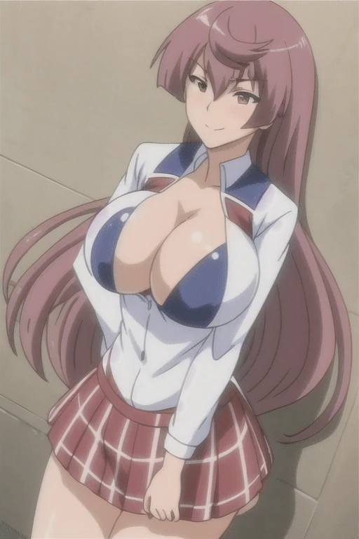 1 Girl, Solitary, (Large Breasts:1.3)((Cleavage)), Hands on hips, Cowboy shooting, Shinohara_Self-denial_, Long hair, Low double ponytail, blush, Smile, frown, skirt, High Leg Raise, Brown eyes, , Pink Hair, street  