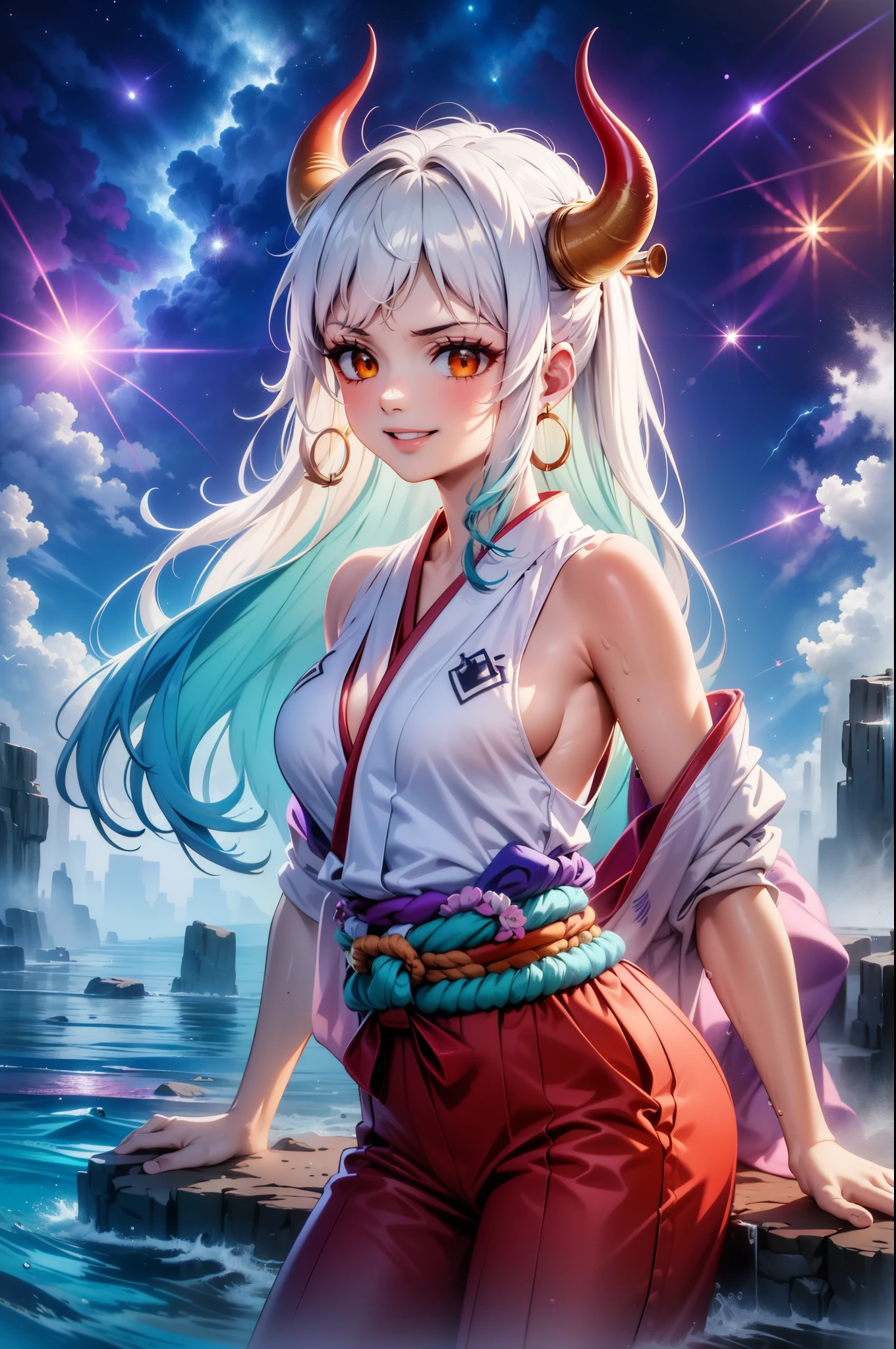 masterpiece, ((ultra detailed background, delicate pattern, intricate detail)), (highly detailed, fine details), best quality,beautiful lighting, (((medium breasts, slim girl, very slim girl))), (cowboy shot),  YamatoV2, long hair, 1girl, horns, white hair, solo, oni, red horns, curled horns, hair ornament, (multicolored horns), jewelry, earrings, japanese clothes, kimono, hair stick, sleeveless, bare shoulders, aqua hair, sidelocks, hoop earrings, hakama, smile, wide smile, ((orange eyes)),Break kneeling,sitting, complex detailed background, outside, nature environment, rocks,  night time, sky,smirk,lighting and water