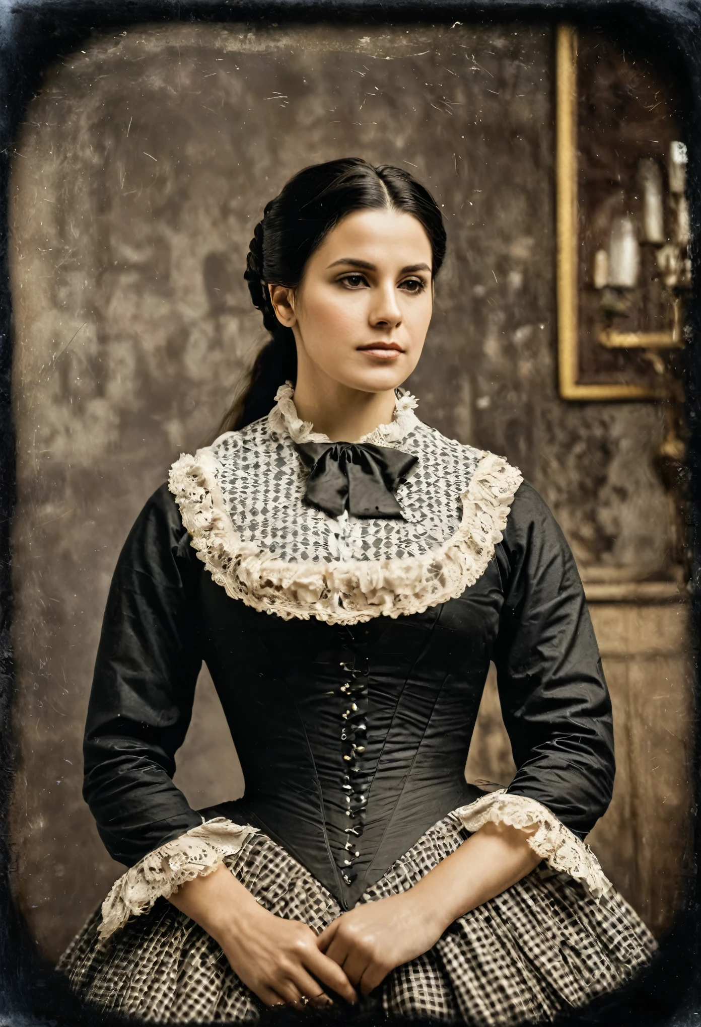 (daguerreotype photo)), medium shot, high resolution of 1 beautiful 30 years old Spanish woman, long hair, antique clothing, victorian clothing, large breast, low neckline, background of an old house salon, (scratched daguerreotype), focus on face