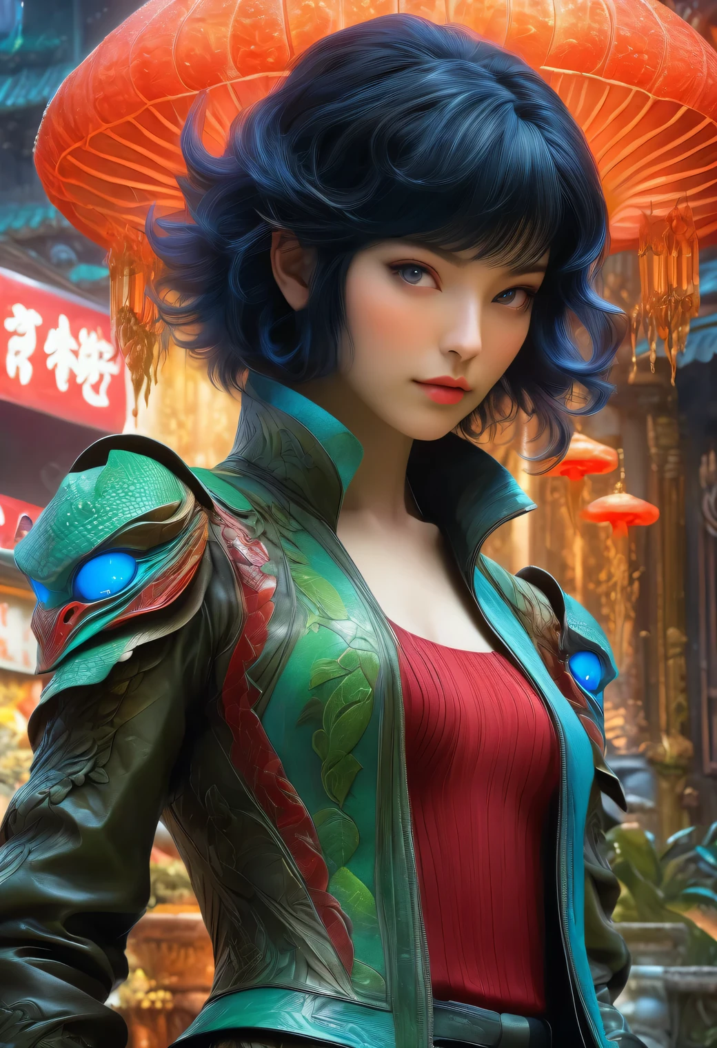 best quality,4k,8k,highres,masterpiece:1.2,ultra-detailed,realistic:1.37,HDR,UHD,studio lighting,ultra-fine painting,sharp focus,physically-based rendering,(Yoshitaka Amano style:1.1),SFW,(safe for work), An italian woman and her guardian familiar, mystical creature,otherworldly creature,kaiju-like,enchanting companions,wearing stylish futuristic clothes,inspired by Phantasy Star Online, dynamic poses, (The woman, with her eyes brightly colored, no makeup and her italian facial features elegantly detailed, adding to her allure. Dressed in elegant casual clothes with a stylish futuristic jacket.),(She has beautiful short curly black hair), (She is accompanied by a guardian, a vegetal and viper mixed creature with exquisite carnivorous plant features. The creature's presence adds a sense of wonder and magic to the scene.), (The woman and her companion stand in a dark and gothic city, a modern metropolis with exotic alien plants, and vibrant signs. The colors are vibrant, with a mixture of dark blues, browns, and pale reds creating a dreamlike atmosphere.), (The lighting is soft but illuminating, casting a gentle glow on both the woman and the creature.), (The overall composition has a realistic and photorealistic quality, capturing the essence of the scene in intricate detail.), (The art style is inspired by Yoshitaka Amano, known for his ethereal and otherworldly illustrations. The combination of realistic elements with the artist's unique style creates a captivating and visually stunning image.),Greg Rutkowski