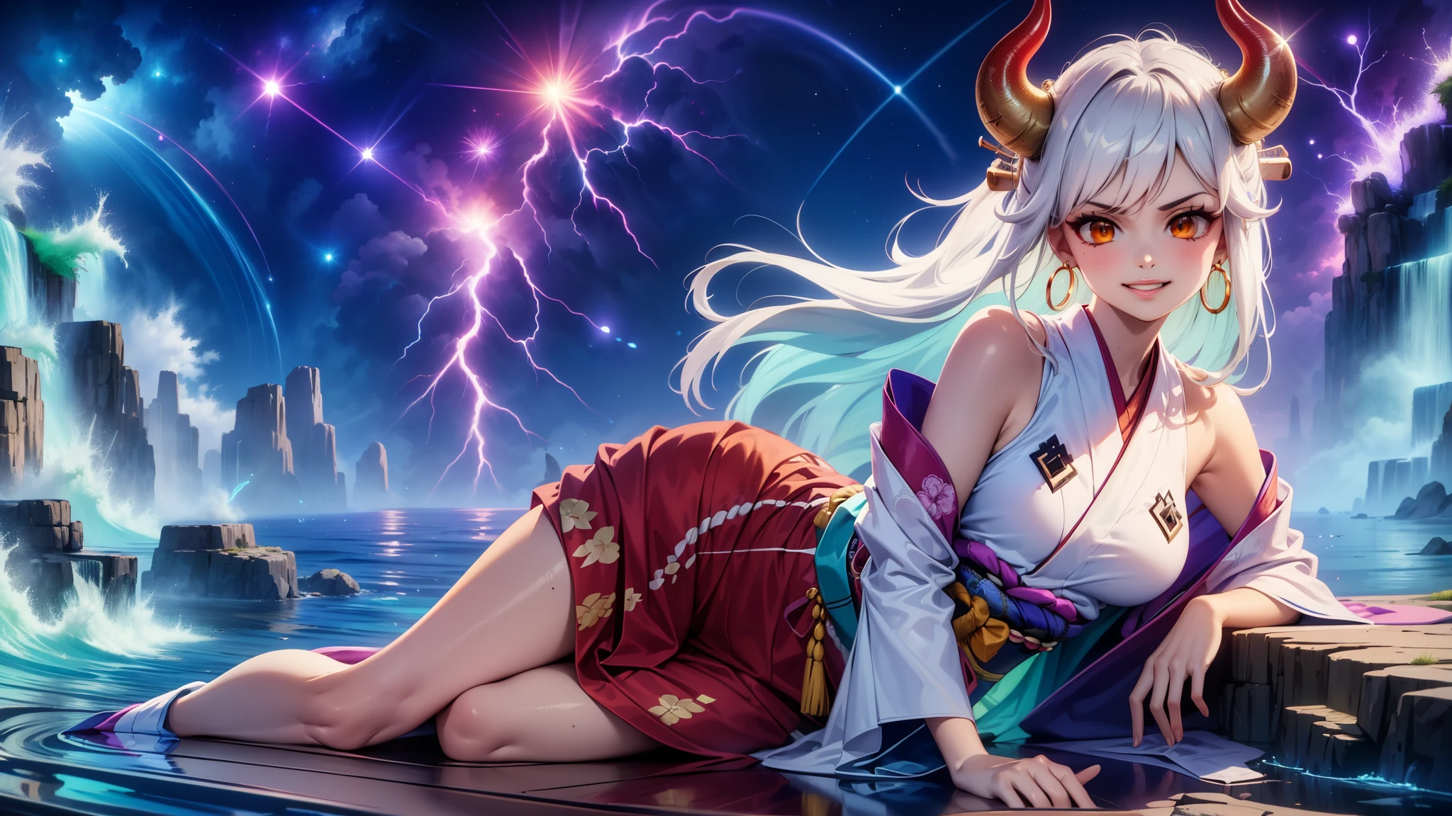 masterpiece, ((ultra detailed background, delicate pattern, intricate detail)), (highly detailed, fine details), best quality,beautiful lighting, (((medium breasts, slim girl, very slim girl))), (cowboy shot),  YamatoV2, long hair, 1girl, horns, white hair, solo, oni, red horns, curled horns, hair ornament, (multicolored horns), jewelry, earrings, japanese clothes, kimono, hair stick, sleeveless, bare shoulders, aqua hair, sidelocks, hoop earrings, hakama, smile, wide smile, ((orange eyes)),Break kneeling,sitting, complex detailed background, outside, nature environment, rocks,  night time, sky,smirk,lighting and water