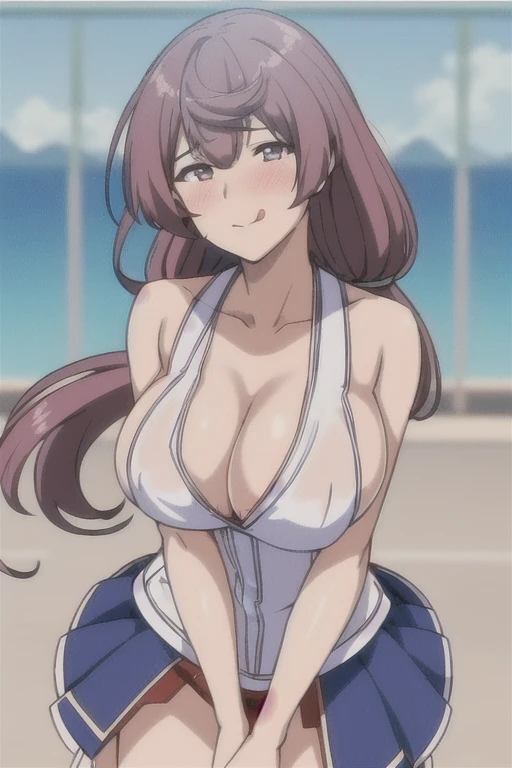 1 Girl, Solitary, (Cowboy shooting, Shinohara_Self-denial_, Long hair, Low double ponytail, blush, Smile, frown, skirt, High Leg Raise, Brown eyes, , Pink Hair, Squint your eyes, Smile, Large Breasts. (Cleavage)8k, Super detailed, fair and aesthetic, high quality, fair, masterpiece, best quality, permanent, lean forward, Glowing skin, Sticking out tongue of mouth, blush, Sexy body, Definition, Perfect eyes, Sticking out tongue, blush, Strabismus,(with tears in eyes, Saliva residue), skirt下摆湿了, Brushed, photography, 8k, HDR, high resolution, absurd:1.2, Kodak Portrait 400, Film Grain, Blurred background, Bokeh:1.2, lens flare, (Energetic_color:1.2),专业photography师
