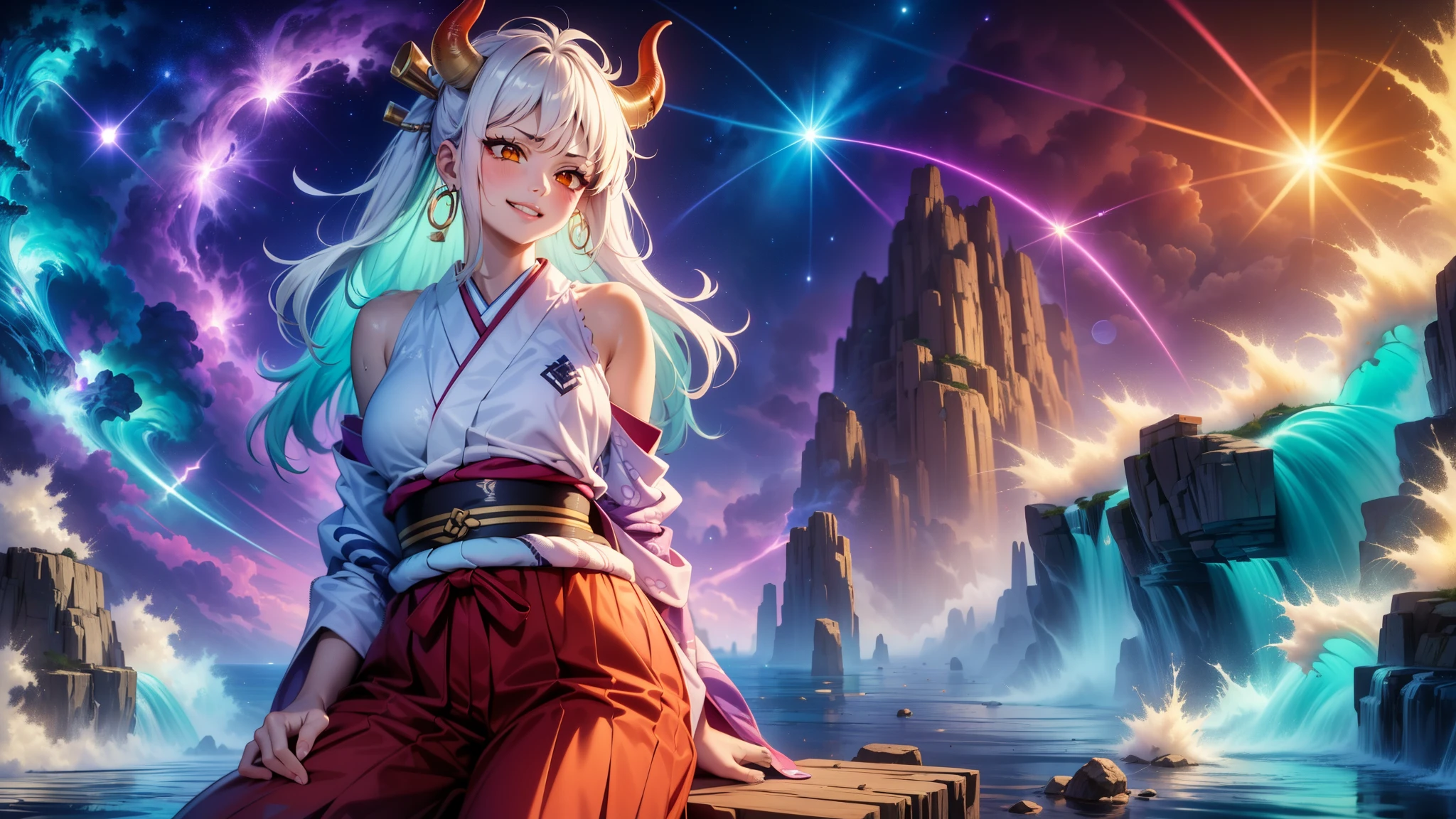 masterpiece, ((ultra detailed background, delicate pattern, intricate detail)), (highly detailed, fine details), best quality,beautiful lighting, (((medium breasts, slim girl, very slim girl))), (cowboy shot),  YamatoV2, long hair, 1girl, horns, white hair, solo, oni, red horns, curled horns, hair ornament, (multicolored horns), jewelry, earrings, japanese clothes, kimono, hair stick, sleeveless, bare shoulders, aqua hair, sidelocks, hoop earrings, hakama, smile, wide smile, ((orange eyes)),Break kneeling,sitting, complex detailed background, outside, nature environment, rocks,  night time, sky,smirk,lighting and water