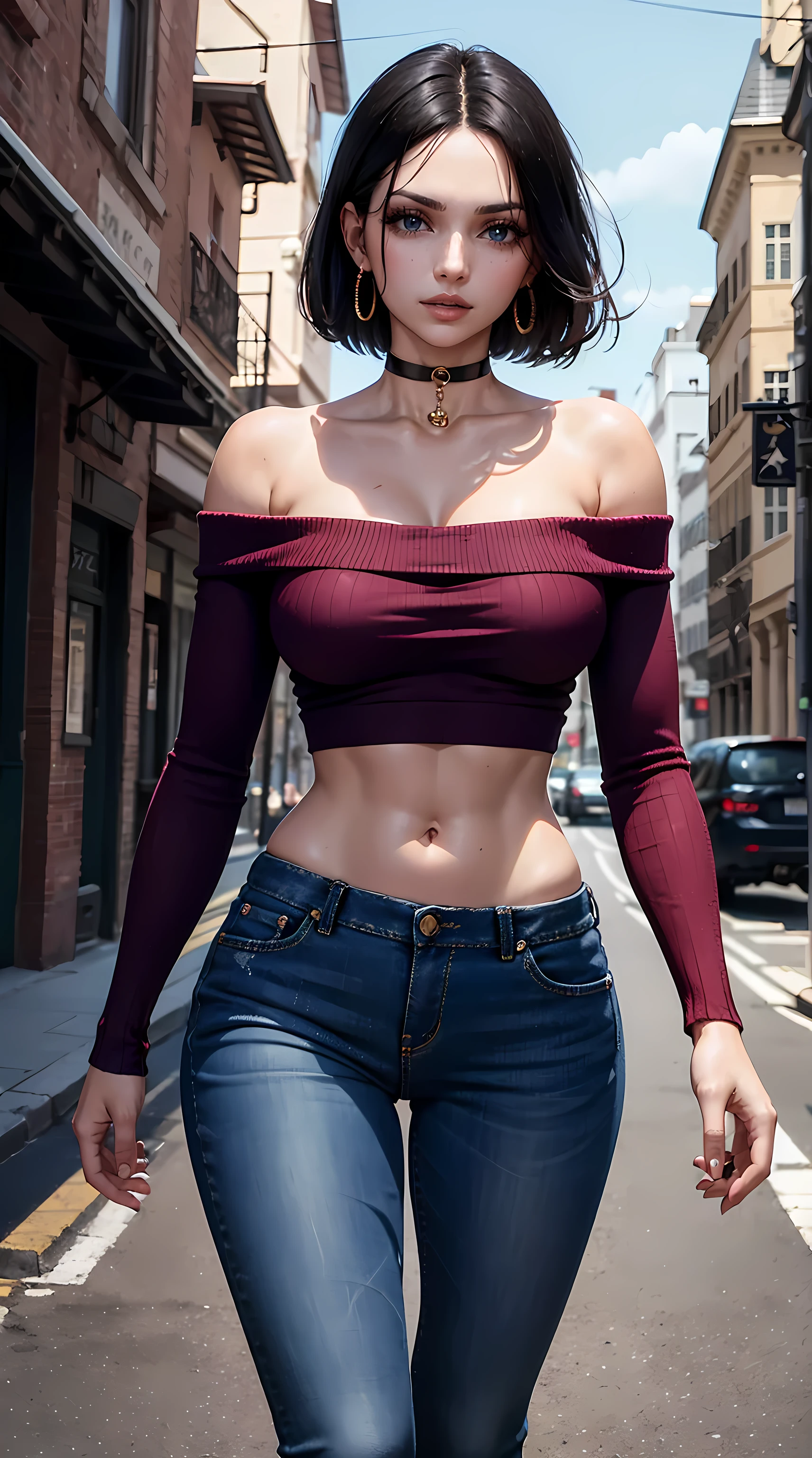 Beautiful black hair woman is shown to have a sexy figure, she is wearing a off shoulder crop sweater and jeans, choker, happy look, jewelry, blue eyes, girl walking down a street ,sexy session, sexy pose, cowboy shot, superior quality, many details, realistic