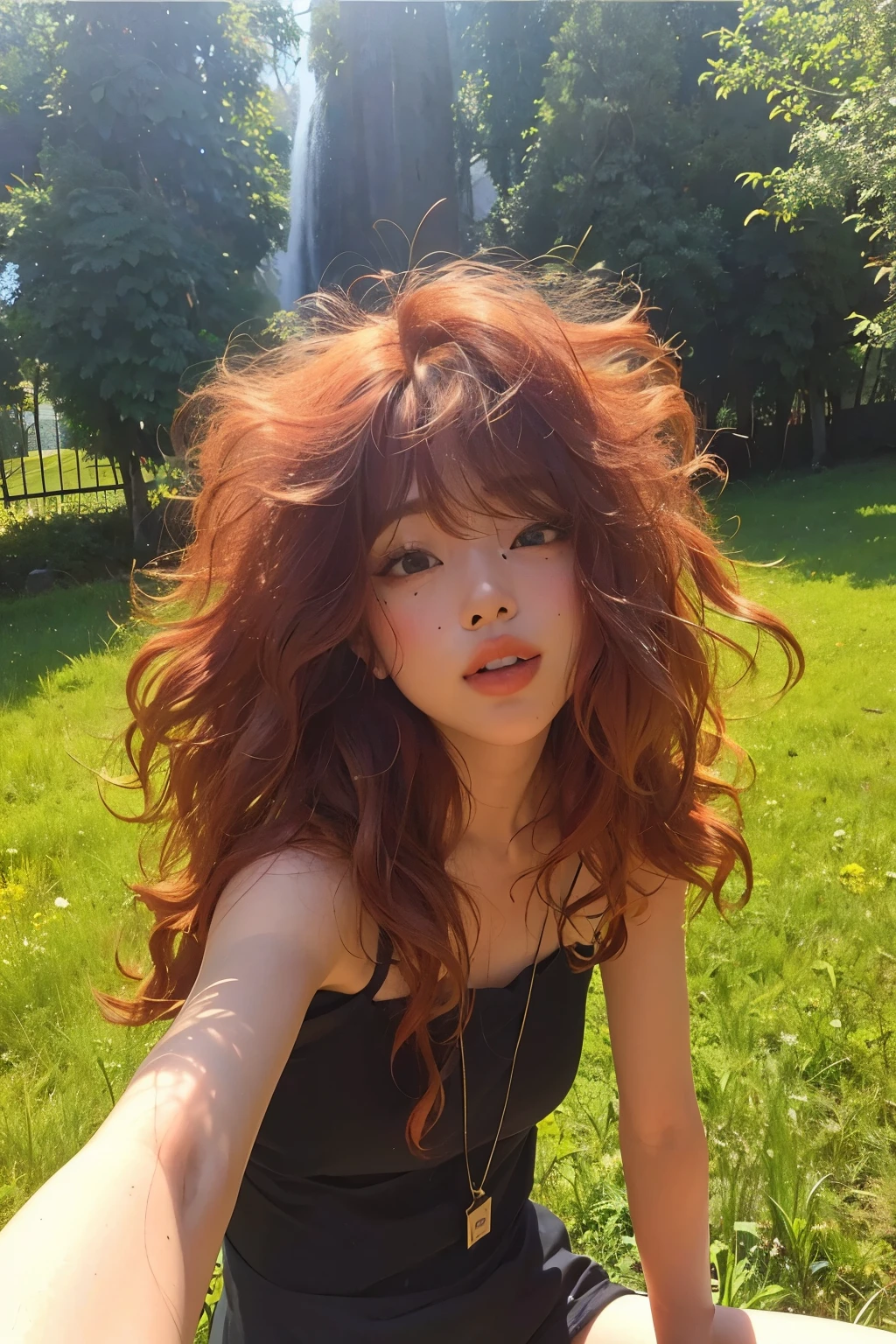 Asian redhead girl, coreana, cabelo cacheado e vermelho, cabelo volumoso