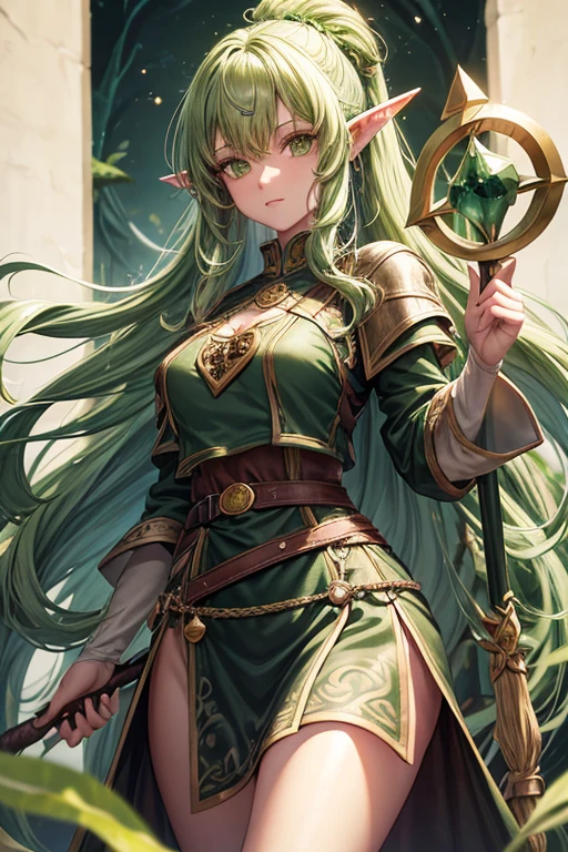 30 year old elf woman with long green hair with yellow tips, messy curly hairstyle with fringes, pointed elf ears, light green druid medieval knight clothing, jade root ornaments, green eyes holding a staff with emerald jewels emblem, brown boots, brown. leather belt. roots decorations on the belt, forest background with magic symbols