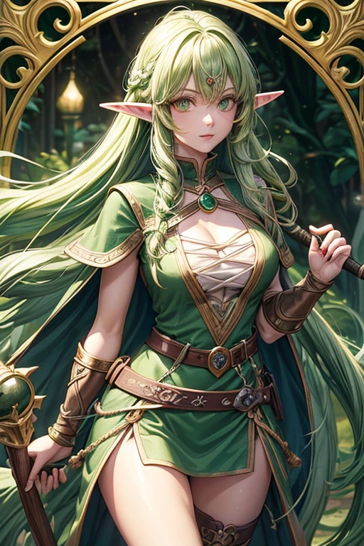 30 year old elf woman with long green hair with yellow tips, messy curly hairstyle with fringes, pointed elf ears, light green druid medieval knight clothing, jade root ornaments, green eyes holding a staff with emerald jewels emblem, brown boots, brown. leather belt. roots decorations on the belt, forest background with magic symbols