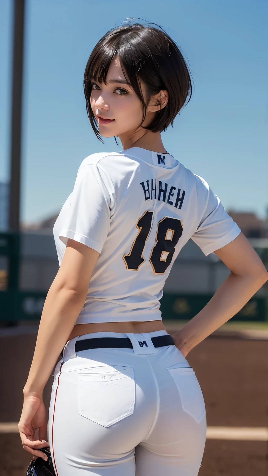 (((Backwards:2.0, Face your buttocks towards the camera:2.0, Accentuate your butt:2.0))), ((Clothing:1.8, Baseball helmet:1.8, Baseball Uniforms:2.0)), (((Shadow of the shape of fullback panties:2.0, Baseball shirt:1.8, White baseball pants:1.8))), ((Baseball Stadium:1.5)), 1 Girl, solo, ((Short Hair:1.2, A grin:1.2)), 18-year-old, 7 heads, Ideal body proportions, Black Hair, With bangs, Small breasts, slender, Small Ass, Beautiful feet, Skinny Legs, Surrealism, Cinematic Lighting, Depth of written boundary, First Person View,  F/1.8, 135mm, Ticker, Mastepiece, Curate, ((Anatomically correct:1.3)), Textured skin, Super Detail, High detail, High quality, Awards, Best Quality, High resolution, 8K