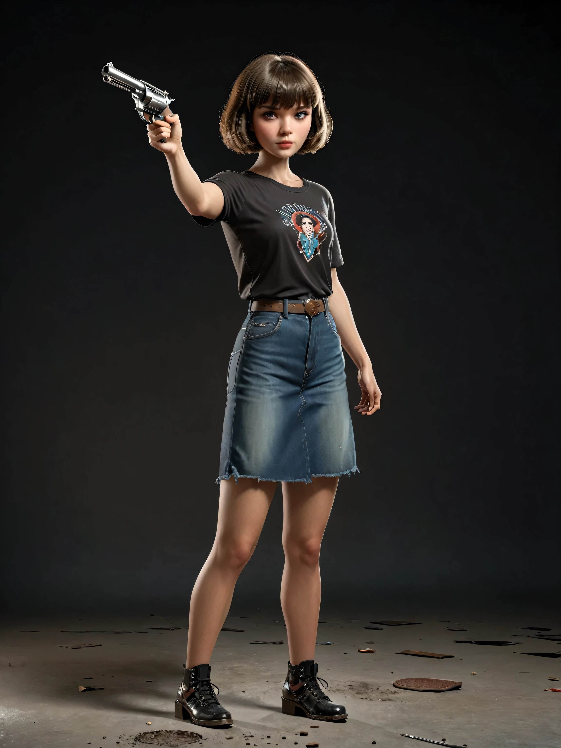 girl with a 44 magnum held in her hands, 1 girl standing, short hair with bangs (full body: 1.5), hero pose, exaggerated proportions, complex character design, feeling of nostalgia, exaggerated features, memorable appearance, consistent , coherent, captivating, (clear eyes: 1.2), (highly detailed eyes: 1.2), highly detailed hands, detailed floor, textured punch, dusty floor, intricate shoes, masterpiece, intricate, comic book rendering, illustration, 2d character, flat rendering, outline, masterpiece, intricate, (simple background, black background: 1.5), rim lighting, dim light