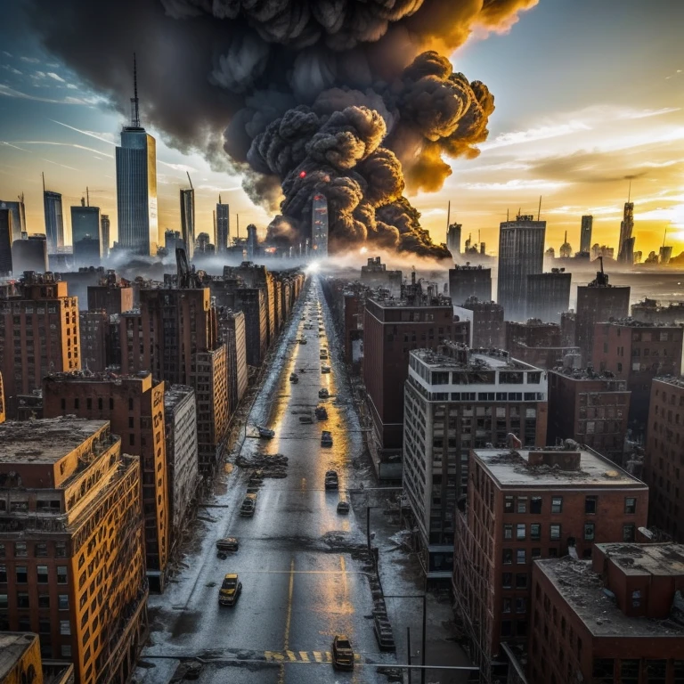 New York City in Ruins: A Post-Apocalyptic Scene, ((extremely detailed)), ((hyper-realistic depiction)), ((gritty texture)), ((destructed buildings towering in the background)), ((cityscape in chaos)) New York City, (((destroyed city))), ((post-apocalyptic)), ((abandoned streets)), ((rusted vehicles scattered throughout)), ((smoke rising from buildings in the distance)), ((new york in ruins)), ((deconstructed metropolis)), ((city under siege)), ((grim reality)) New York City, (((once famous landmarks obliterated))), ((apocalyptic scene)), ((devastated infrastructure)), (((New