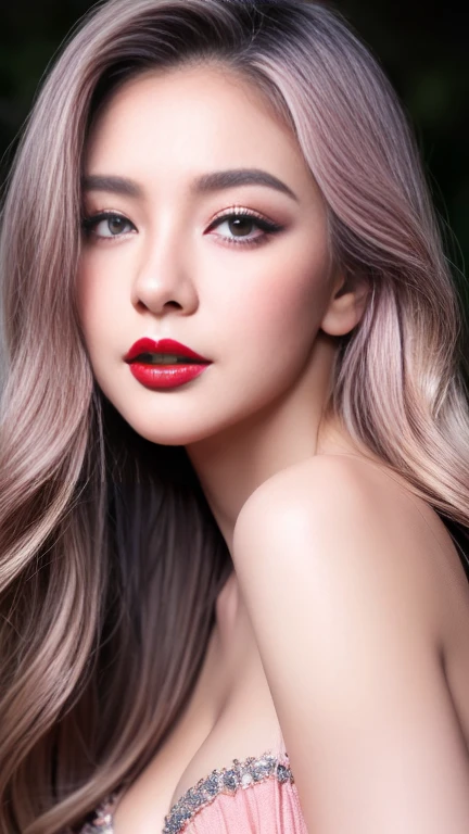 Ultra-realistic、 ultra-detailed primetime portraits、 最high quality、 8K、highest level、 The ultra -The high-definition)、waist up pose , upper knees pose ,  sensual confident look to camera , (Super beautiful)、(beautiful face:1.5)、(detailed face:1.5)、(detailed eyes:1.2)、(detailed lip:1.2)、(Detailed nose:1.2)、((:1.2))、1girl:1.4 22years old、fashion supermodel、real:1.75、photorealistic:1.75、(very delicate and beautiful、fine details:1.3)、masterpiece、 最high quality、 (high quality)、 (absurdres)、 (sharp fous)、(Glamour, paparazzi taking pictures of her)、 (blonde:1.3) (medium hair、extremely detailed)、 contrast、 (dark shot:1.17)、 Long 2blue_eyelashes:1.27、 (dark_eyeshadows:1.3)、 (red_lipstick:1.35)、((perfect round eyes))、 ((gray_eyes))、 (dark_pink_makeup:1.33)、(matte skin:1.3)、 ((upper body shot))
