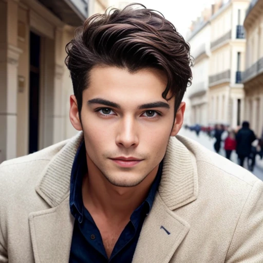 a man young from French beautiful. focus on the character's face