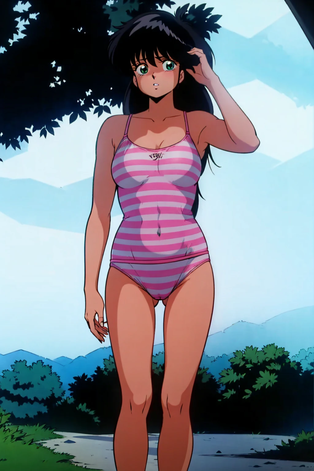 Madoka Ayukawa, , bangs, 1girl, masterpiece, highest quality, disorganized, retro artstyle, 1980s \(style\)))), parted lips、look viewer, long hair, knee shot, full blush, cameltoe