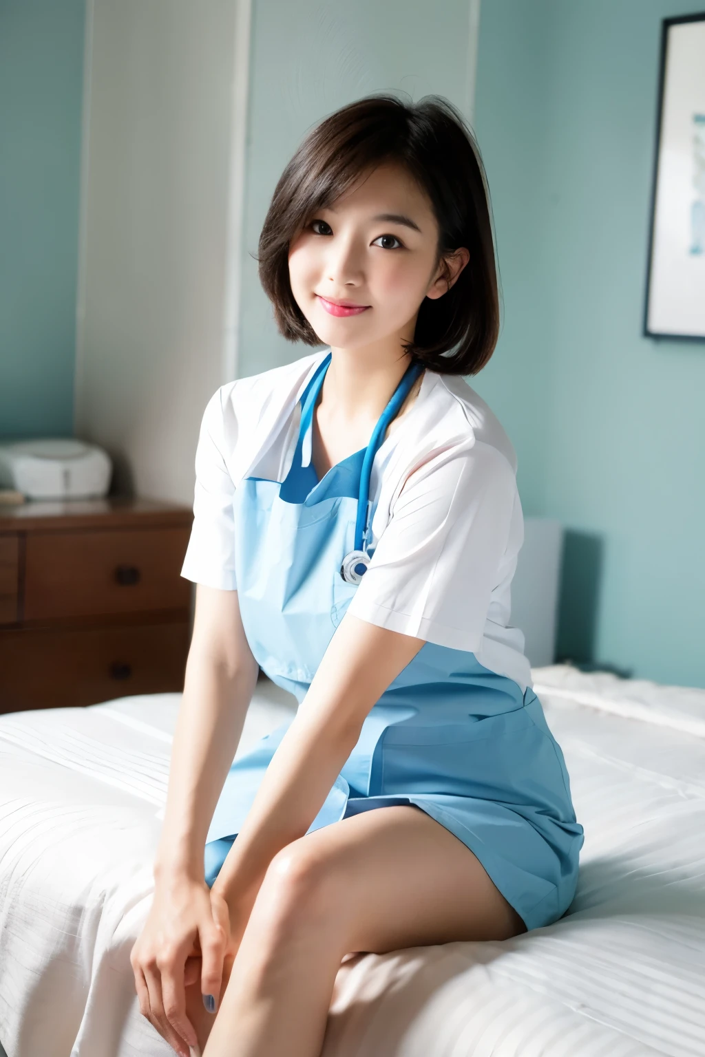 ((highest quality)), ((masterpiece)), (detailed), Perfect face pediatric ward nurse,Short Hair,whole body,Sitting on the bed with legs spread