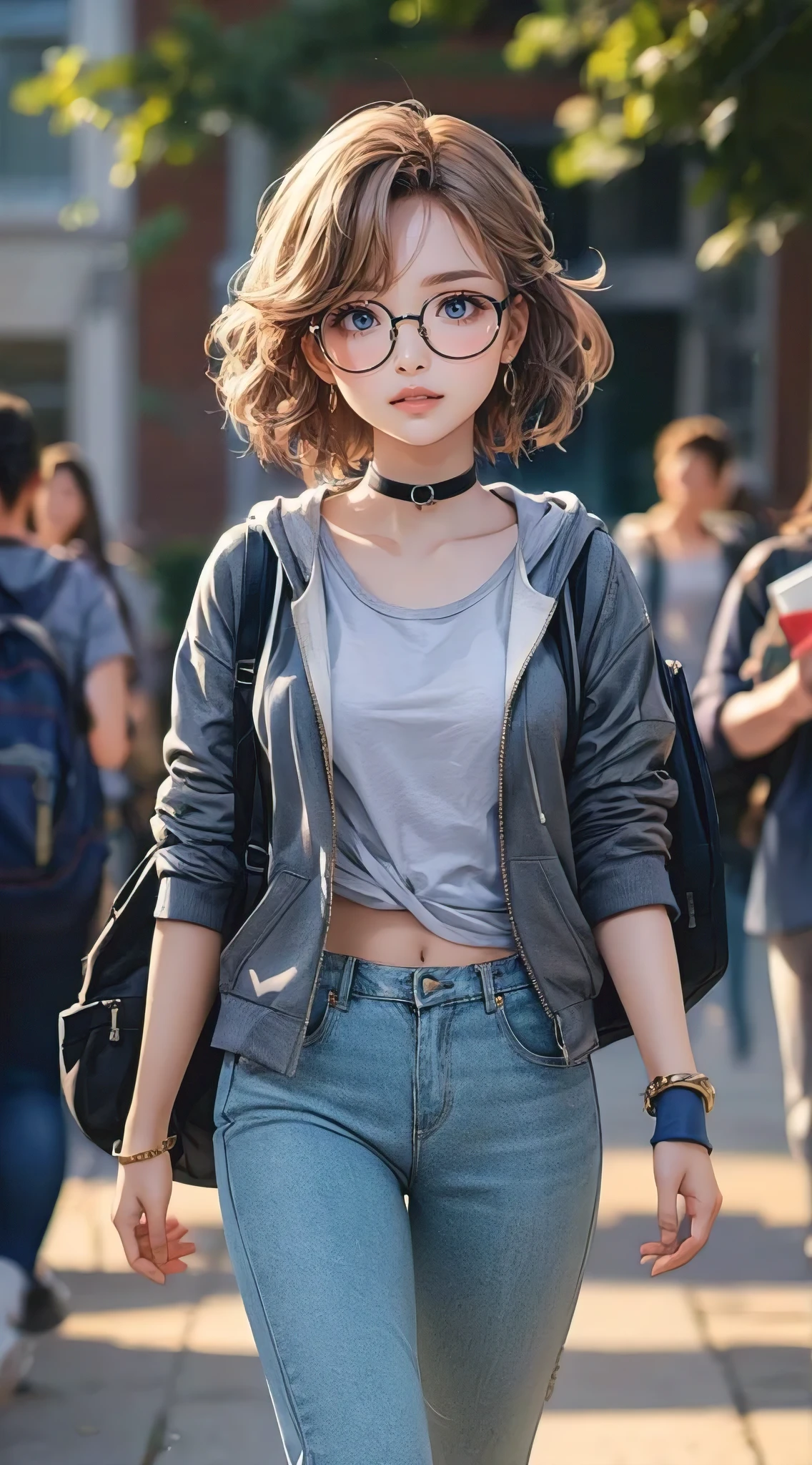 A stunningly realistic 3D render of an attractive, nerdy young woman, embodying the perfect blend of fashion and anime. She has wavy hair with asymmetrical bangs, big gorgeous eyes, and wears glasses. Her casual outfit consists of a t-shirt, an unzipped hoodie, and jeans. She sports a choker and carries a backpack filled with textbooks. The woman exudes confidence and a soft smile as she walks through her college campus, embodying both modern fashion and anime aesthetics., 3d render, fashion, anime, illustration