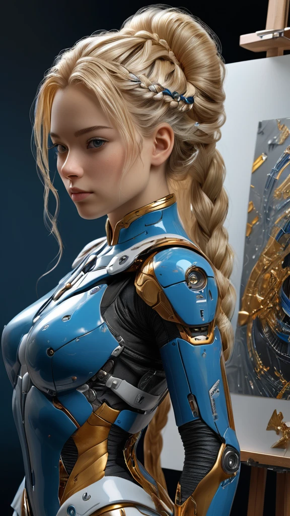 The easel, the paints, the artist, standing Full-length, Sexy cyborg woman drawing self-portrait in oil paints, french braid, blonde hair, (Best quality, 4K, 8k, A high resolution, masterpiece:1.2), absurdity, masterpiece, ultra detailed, Semi-turn, (realistic, photorealistic, photorealistic:1.37), complex parts, HDR, (complex parts:1.12), (hyper detailed, hyper realistic, Soft lighting, spicy:1.2), beautiful figure, Magnificent Anatomy, (complex part, Hyper detailed:1.15), Smooth skin,