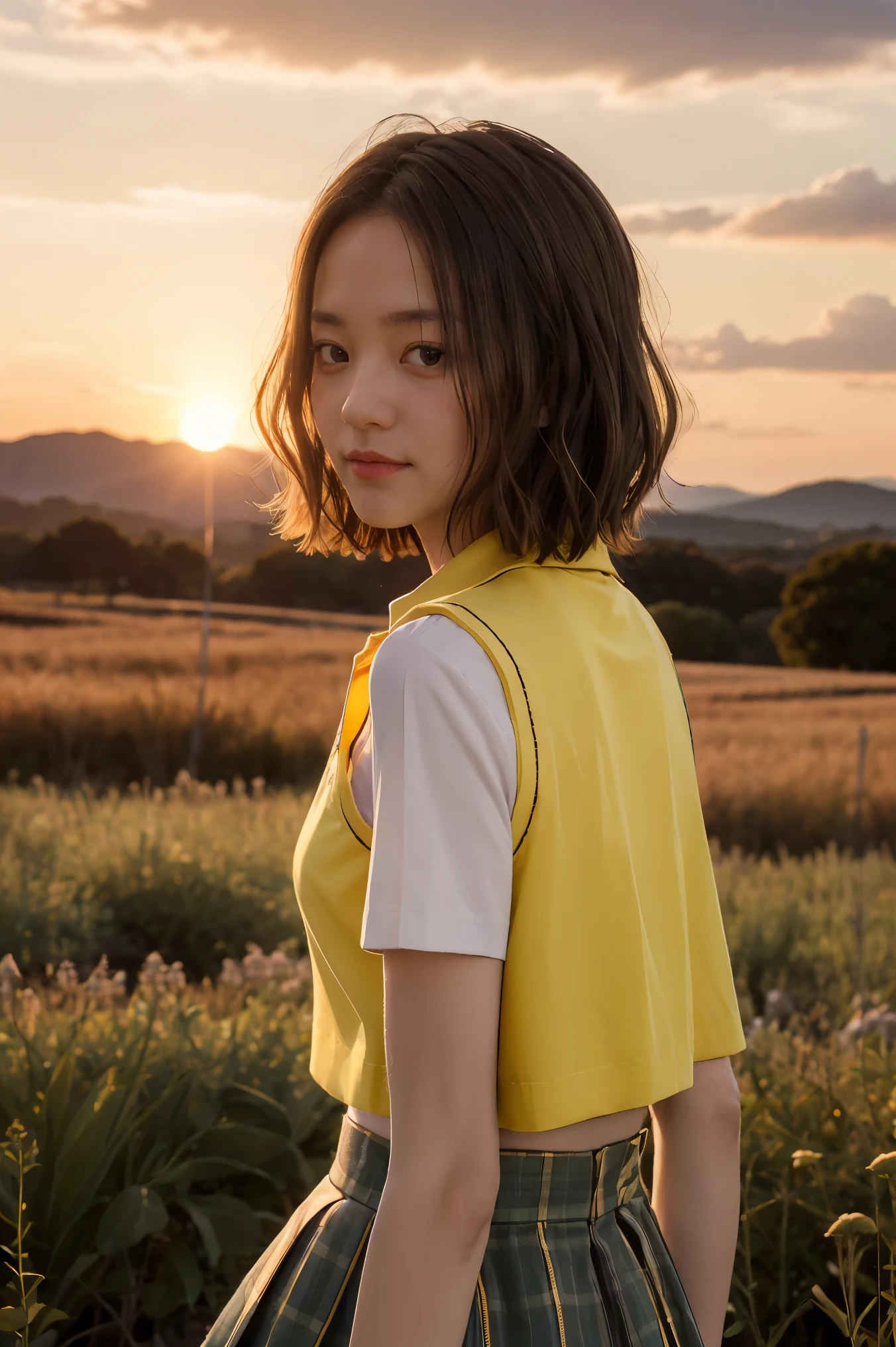 masterpiece, best quality, highres, 1girl, solo, short hair, brown hair, brown eyes, breasts, collarbone, , collared shirt, white shirt, sweater vest, (yellow vest:1.1), short sleeves, plaid skirt, green skirt, from side, wind, field, sunset, standing, looking at the viewer