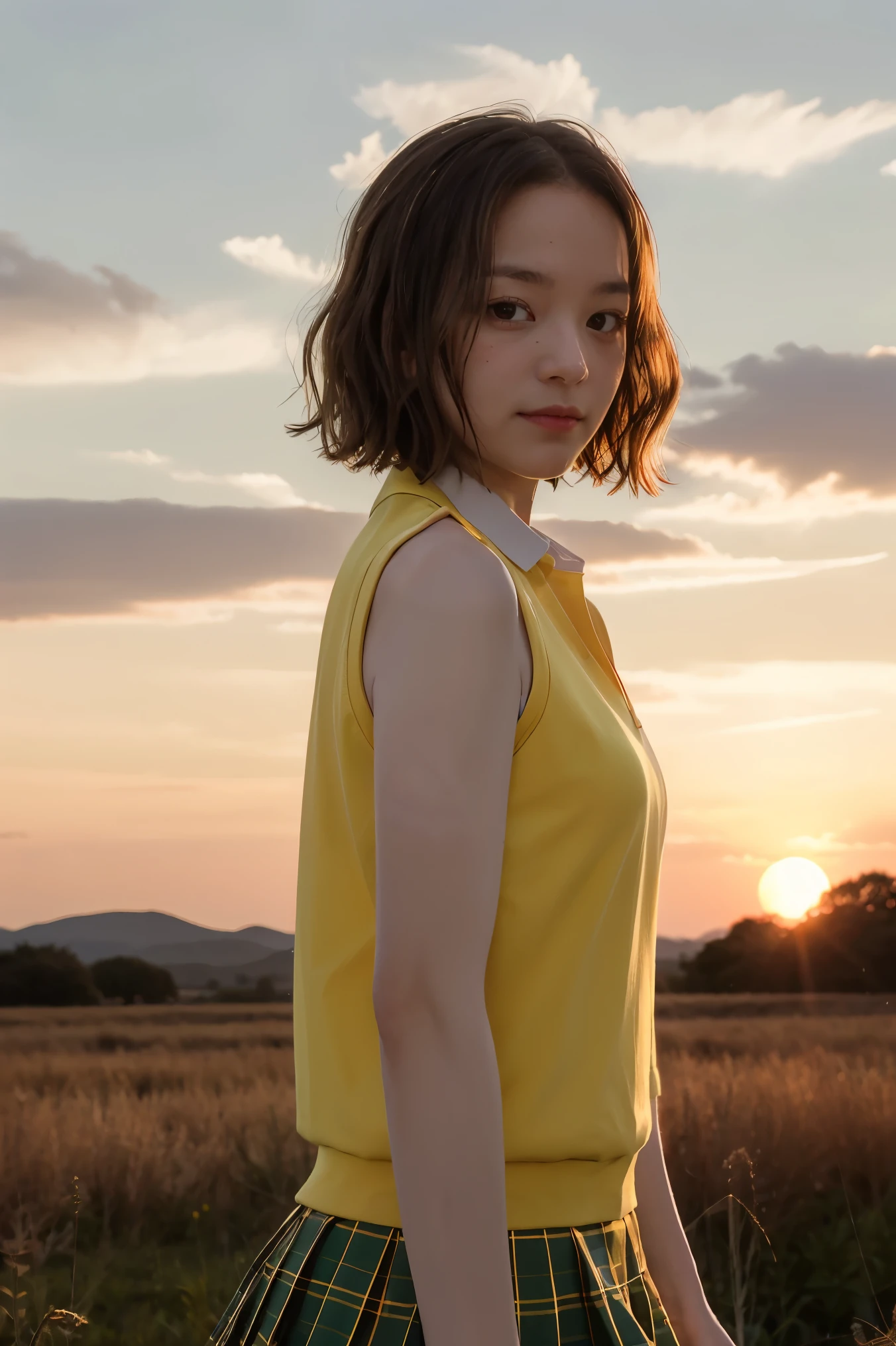 masterpiece, best quality, highres, 1girl, solo, short hair, brown hair, brown eyes, breasts, collarbone, , collared shirt, white shirt, sweater vest, (yellow vest:1.1), short sleeves, plaid skirt, green skirt, from side, wind, field, sunset, standing, looking at the viewer