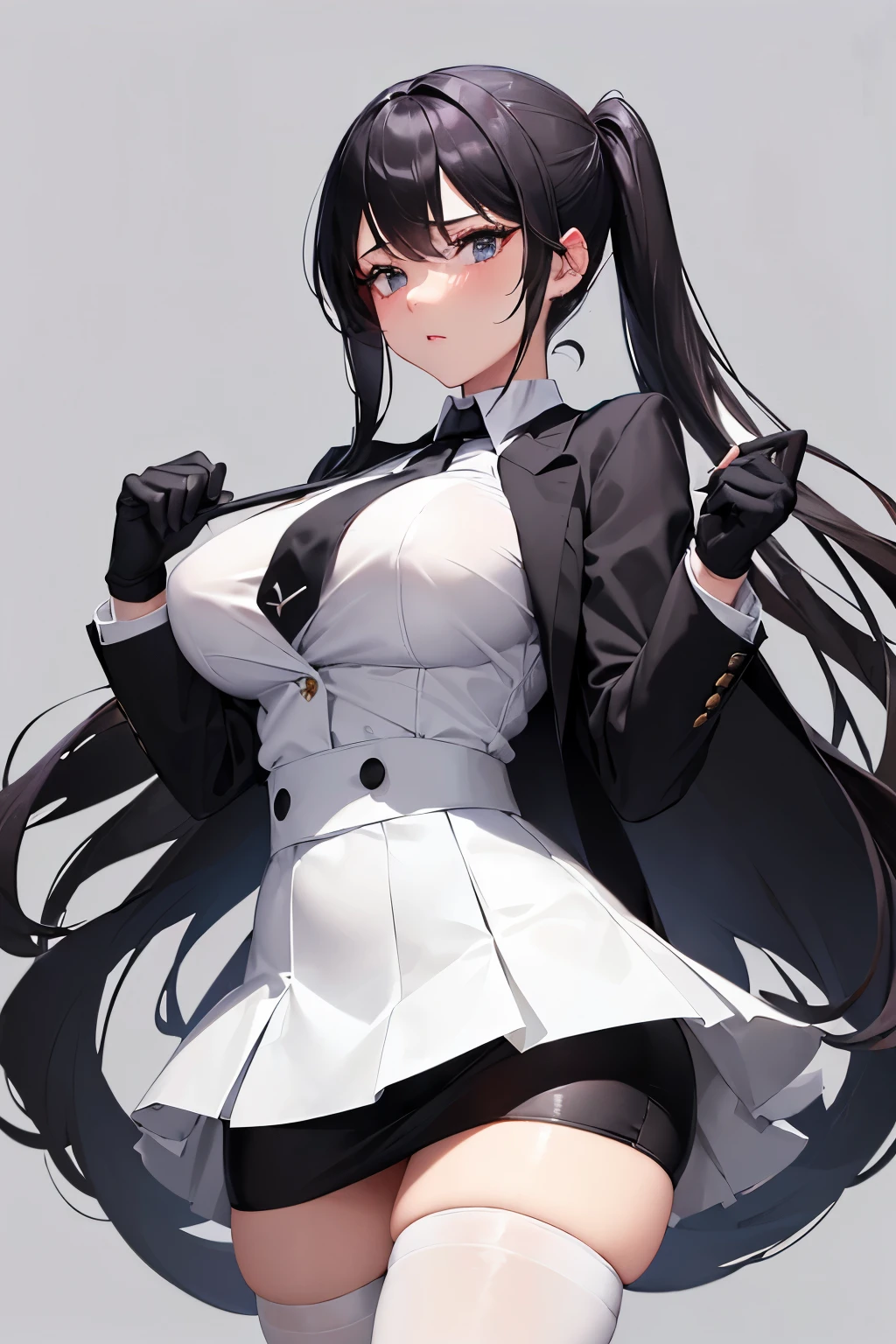 (Kimi wore black gloves and a white shirt with a tie; the top was crisp and pristine, while the bottom half revealed a short black skirt layered over compact black tights. Her ample chest, straining against the fabric, suggested the imminent threat of buttons popping).
(Detailed description: Kimi's outfit consisted of black gloves that reached her elbows, a pristine white shirt adorned with a tie, and a short, flirtatiously short black skirt. Beneath the skirt, she wore black tights that hugged her legs snugly. Her generous chest, with its prominent curves, was a temptress in silk and threatened to tear apart