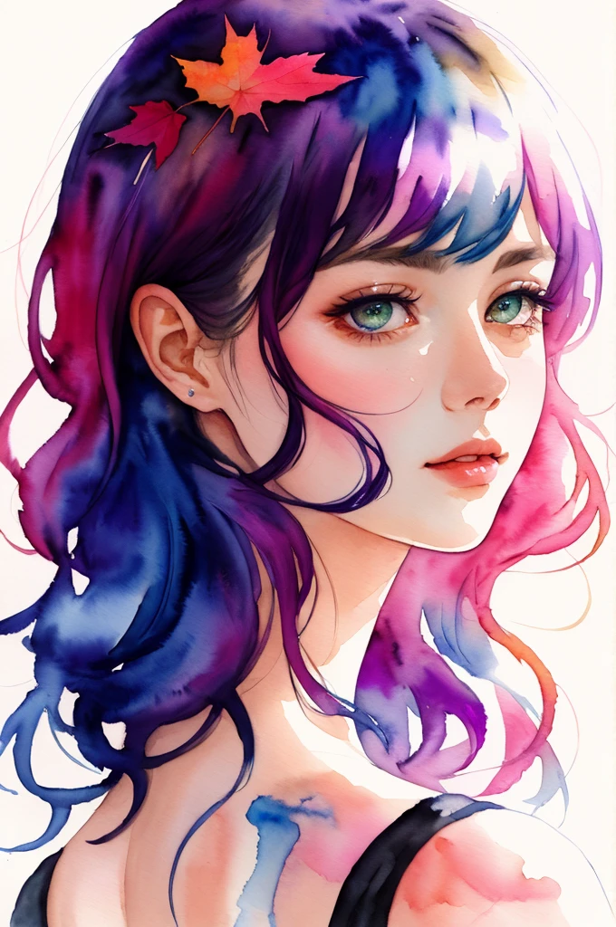 (8k, best quality, masterpiece:1.2),(best quality:1.0), (ultra highres:1.0), watercolor, a beautiful woman, shoulder, hair ribbons, by agnes cecile, half body portrait, extremely luminous bright design, pastel colors, (ink:1.3), autumn lights,