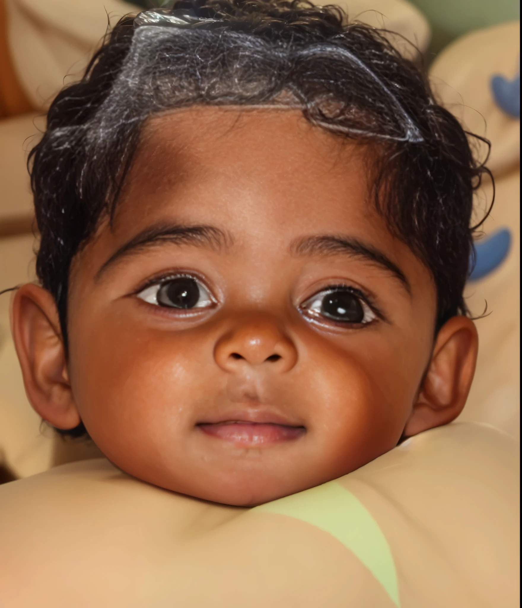 there is a baby that is laying down on a pillow, ayan nag, with cute doting eyes, innocent face, with accurate face, beautiful cute, innocent look, very very very beautifull face, cute beautiful, young child, vinayak, beuatiful face, young cute face, marvelous expression, taken with sony alpha 9, nivanh chanthara
