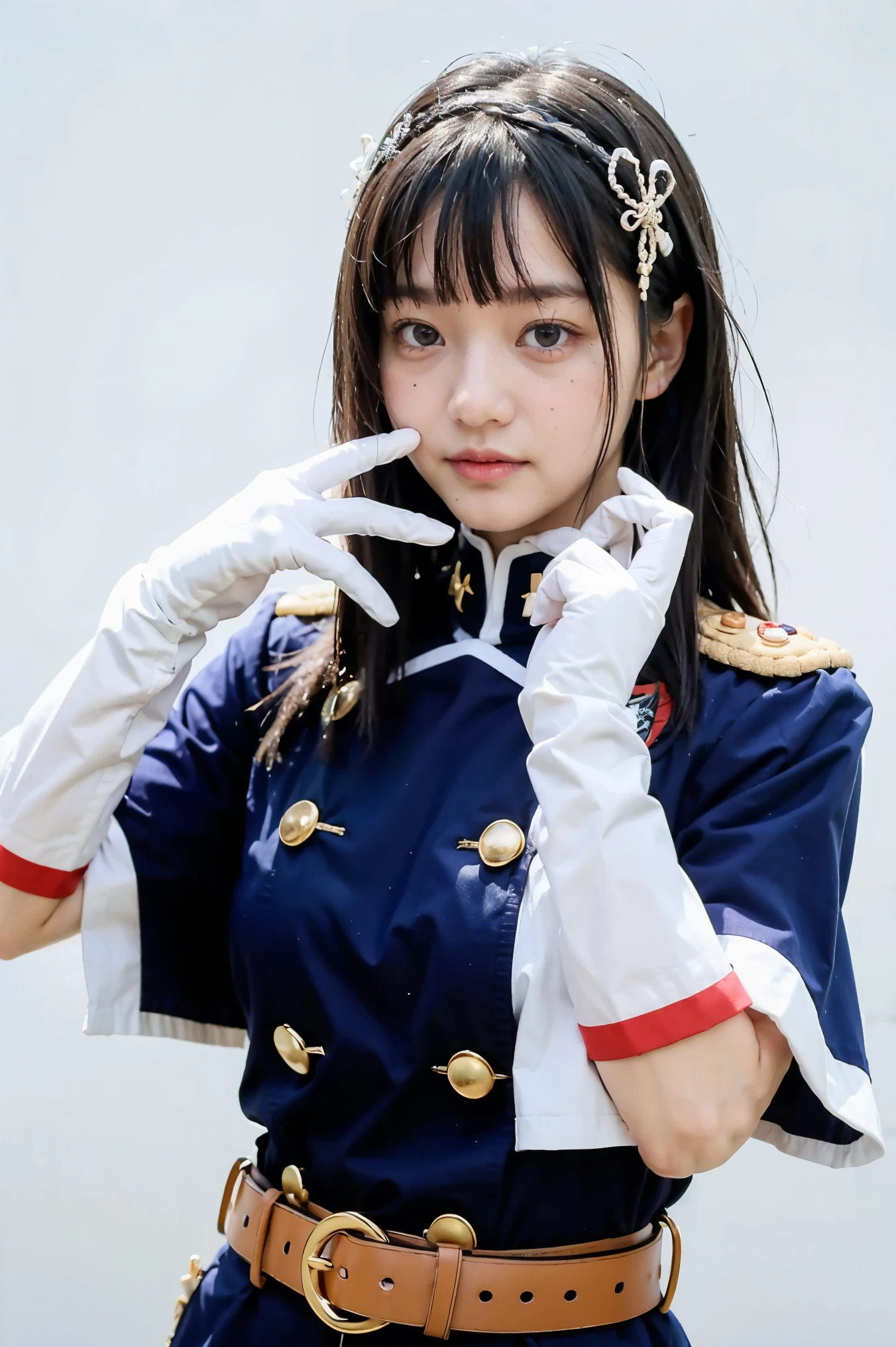 masterpiece, best quality,  1girl, solo, gloves, purple eyes, bangs, white gloves, collar, hair ornament, purple hair, looking at viewer, blunt bangs, closed mouth, long hair, belt, portrait, epaulettes, buckle, hands up, heart, jacket, upper body, short hair, wide-eyed, uniform, white pupils, shiny hair, belt buckle, bright pupils, hyuuga hinata, white background