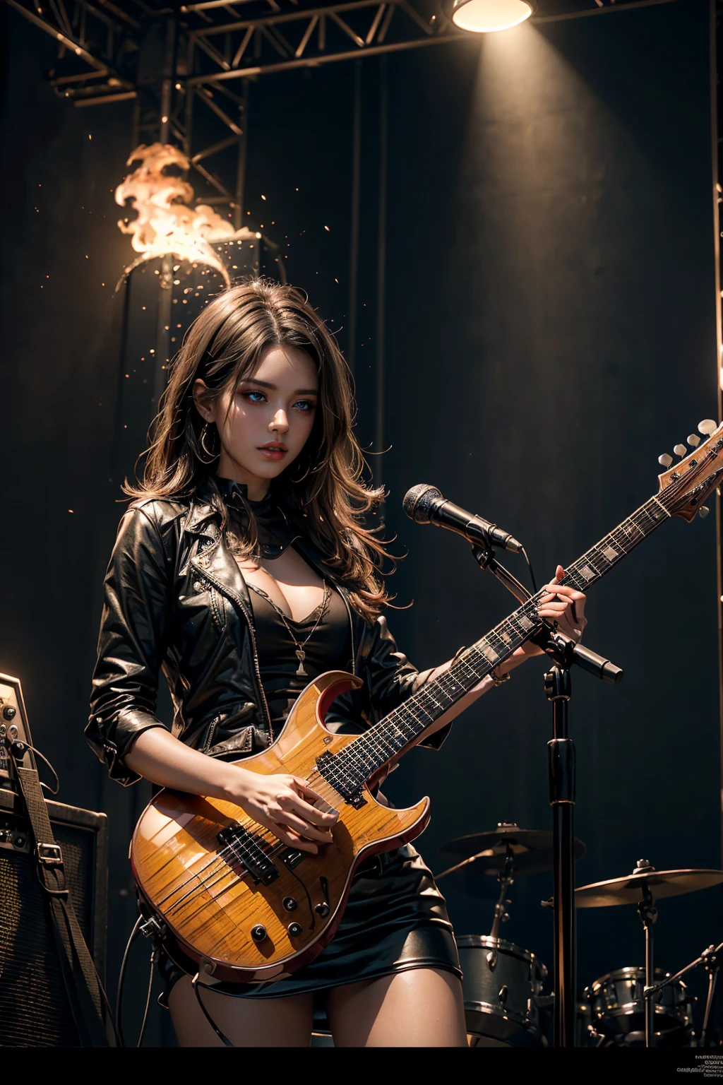 ((mundo paralelo:1.1)), (1 chica:1.4), ((guitar:1)),(una hermosa mujer parada en lo alto de un edificio, tocando la guitarra con pasion rockstar, 2D Kinematics, desgarrando en cgsociety, banda tocando, publico a sus pies, la mujer toca la guitarra con extremo talento, El metaverso, protagonista, escenario nocturno, transmission, concert backdrop), romanticismo, atmospheric, pasional (foto cruda, mejor calidad), (realista, photo-realista:1.3), Obra maestra, un extremadamente delicado y hermoso, extremadamente detallado, ((parte superior del cuerpo:1)), Best quality score, Extremely detailed , dynamic angle, raytraced, middle body, close up, high view, fire particles and hard lights, angulo picado.,worldoffire,metal steel building