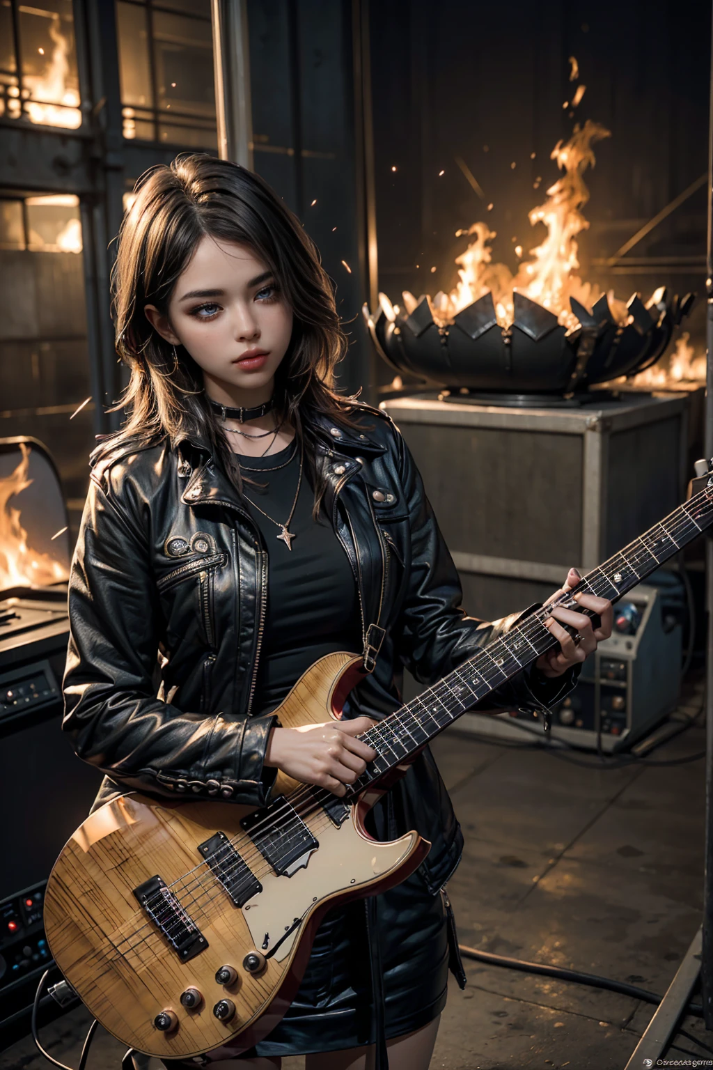 ((mundo paralelo:1.1)), (1 chica:1.4), ((guitar:1)),(una hermosa mujer parada en lo alto de un edificio, tocando la guitarra con pasion rockstar, 2D Kinematics, desgarrando en cgsociety, banda tocando, publico a sus pies, la mujer toca la guitarra con extremo talento, El metaverso, protagonista, escenario nocturno, transmission, concert backdrop), romanticismo, atmospheric, pasional (foto cruda, mejor calidad), (realista, photo-realista:1.3), Obra maestra, un extremadamente delicado y hermoso, extremadamente detallado, ((parte superior del cuerpo:1)), Best quality score, Extremely detailed , dynamic angle, raytraced, middle body, close up, high view, fire particles and hard lights, angulo picado.,worldoffire,metal steel building