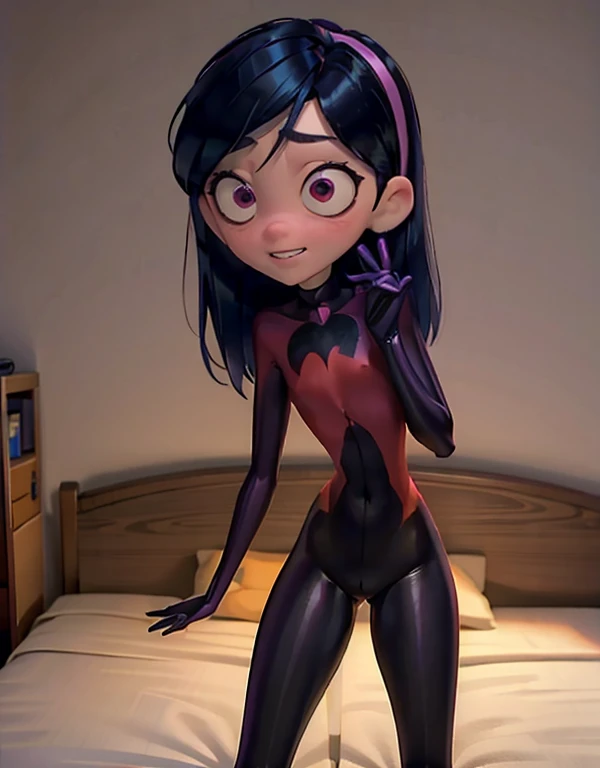 (((masterpiece))), HD 4k res image, no blur, Violet Parr possessed by perverted spirit, horror theme, in a creepy bedroom, night, smile, pleasure face, satisfied, glowing evil red eyes, long black hair, hairband, slender Lolicon body, small breast, h*ntai, nsfw, sweating, blushing, pussy, pussy juice, spread legs, bit lip