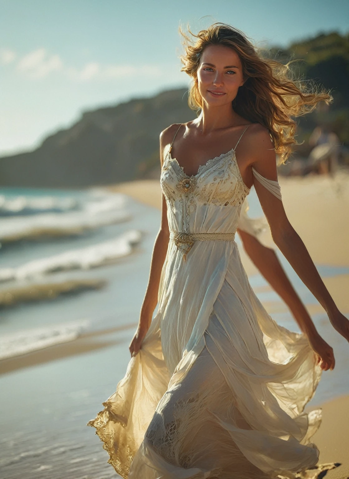 Describe the woman in a moment of graceful movement, she walks elegantly along the edge of the sand and the sea in the background, a full-frontal image of a woman on a paradisiacal beach. Her facial features are soft and delicate, with a gentle smile on her lips and a sparkle in her eyes. Her posture is impeccable, conveying a feeling of grace and lightness.
The main character is highlighted in the center of the image, occupying most of the frame, with her body fully displayed.
The image is composed with a carefully controlled depth of field, allowing the woman to be sharply defined while the slightly blurred background creates a sense of immersion and focus on the main subject.
The lighting is meticulously planned to highlight the details of the character's body, creating dramatic contrasts between light and shadow that add a sense of depth and texture to the image.
Every detail of the scene is carefully captured, revealing its luxurious texture and enhancing its beauty and power.
The background of the image is made up of natural elements that complement the woman's imposing presence.
Camera Type: Professional high-resolution DSLR camera.
Lens: A high-quality wide-angle lens to capture a woman's entire body in a single image.
Lens Focal Length: Approximately 35mm to capture a wide, immersive perspective of the scene.
Aperture: Set to f/4 to ensure enough depth of field to keep the character fully in focus, while creating a slight blur in the background.
ISO: Adjusted to 100 to ensure a sharp, high-quality image. Experiment with light and shadow techniques to create a sense of volume and depth in the figure and elements of the scene, taking inspiration from the classic techniques of Renaissance masters.
Pay attention to the anatomical and facial details of the central figure, capturing the delicacy of his features and the calm expression on his face.
Shutter Speed: Fast enough to freeze any movement of the woman, for example 1/500 second.
White Balance: Configured f