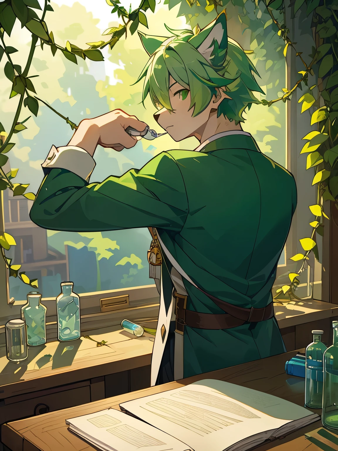 (best qualtiy,Fidelity1.4)solo person,Side-faced wolf-eared young male,Light green hair,White belly,monocle,sittinng on the desk,Hold the medicine bottle in your hand,The head is entangled with vines,Look back and shoot down,Presents a surreal illusion