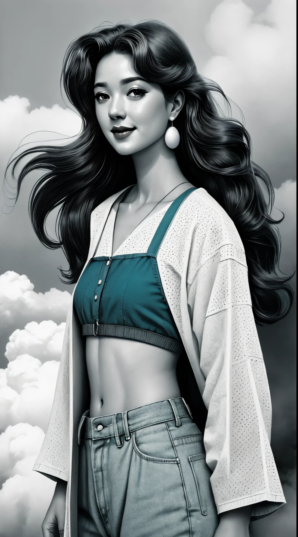 (, line art, halftone),((startled,full shot body,looking at viewer, )),(perfect face, wide hips),(Pastel colors,dreamscape,white sky,fog) {{{masterpiece}}}, {{{best quality}}}, {{{japanese woman}}}, {{{uma musume}}}, {{{victory smile}}}, {{{fashion clothes}}}, {{{muscle body}}}