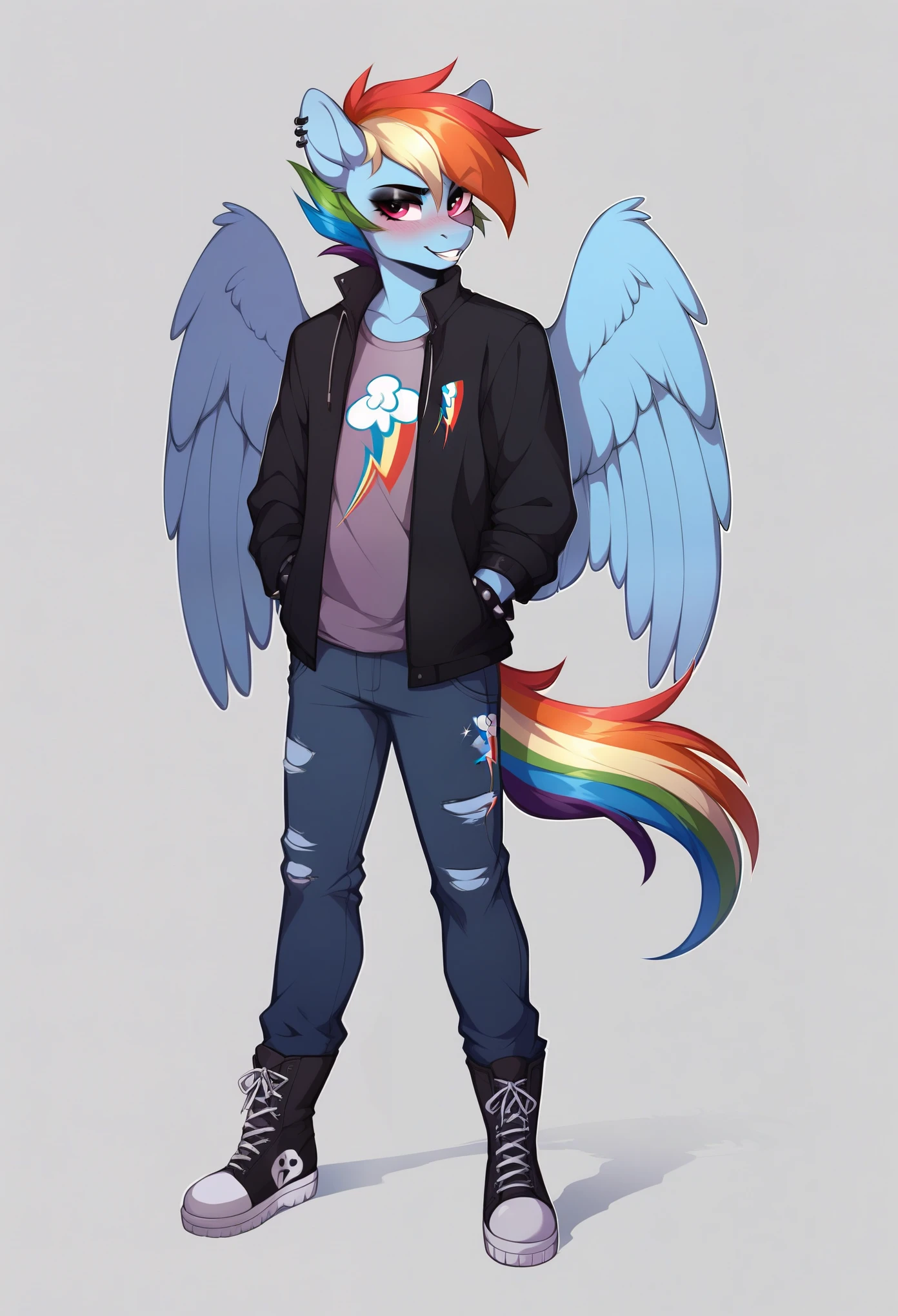 score_9, score_8_up, score_7_up, source_furry, rating_safe, by magnaluna, rainbow_dash_(mlp) posing seductively in a goth bedroom, anthro, blushing, fullbody, full body