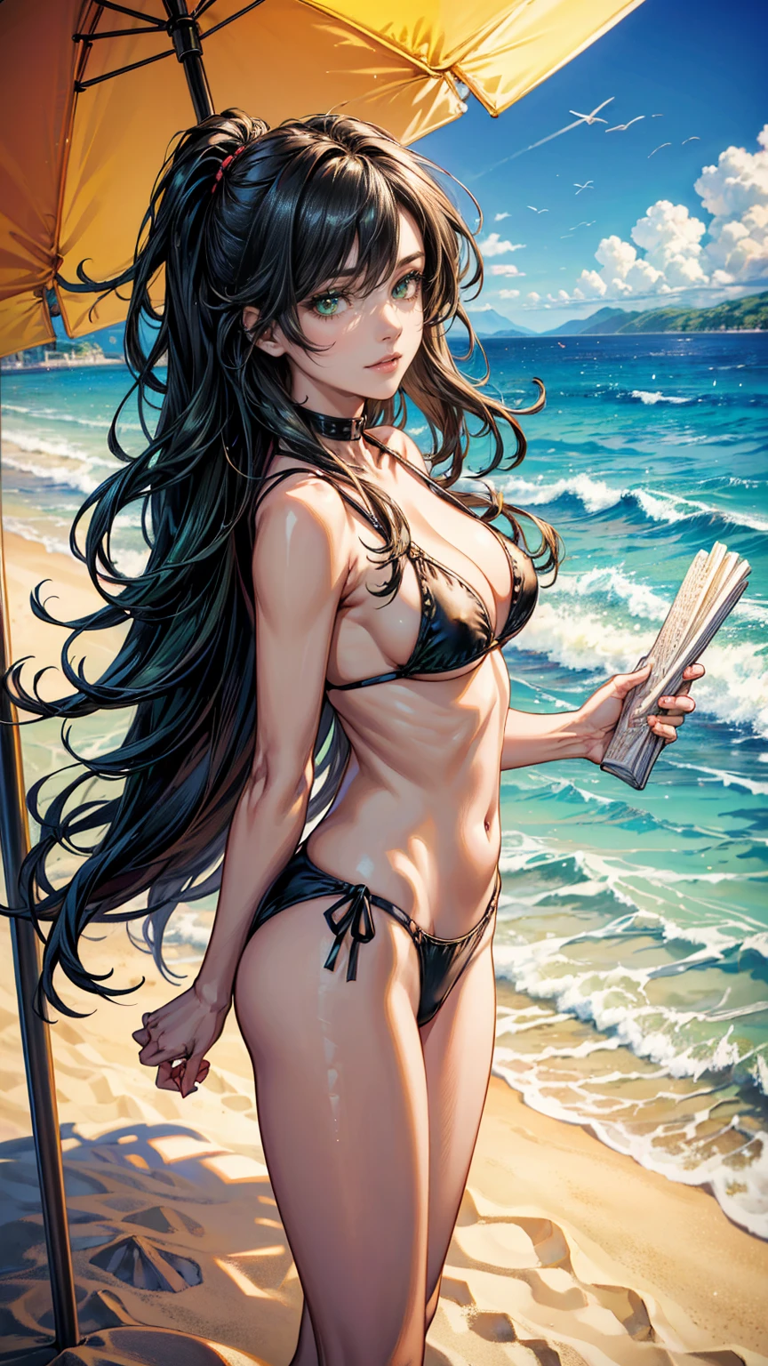 (masterpiece, Best quality, high resolution, ultra detailed), (beautiful and aesthetic: 1.2), ((1 woman)), ((black long hair)), (( wavy hair )), ((green eyes)), female focus, perfect body, (slight smile: 0.8), detailed eyes and face , full-length figure, swimsuit, pareo, beach flip-flops, beach, sand, palm trees, sea, waves, play on the beach, sand castles, shells, crabs, sun, golden hour, ((build sand castles))