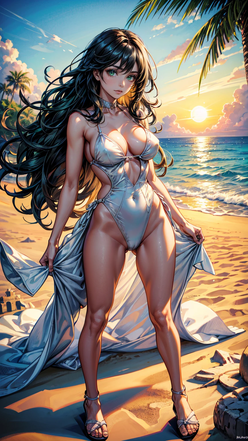 (masterpiece, Best quality, high resolution, ultra detailed), (beautiful and aesthetic: 1.2), ((1 woman)), ((black long hair)), (( wavy hair )), ((green eyes)), female focus, perfect body, (slight smile: 0.8), detailed eyes and face , full-length figure, swimsuit, pareo, beach flip-flops, beach, sand, palm trees, sea, waves, play on the beach, sand castles, shells, crabs, sun, golden hour, ((build sand castles))