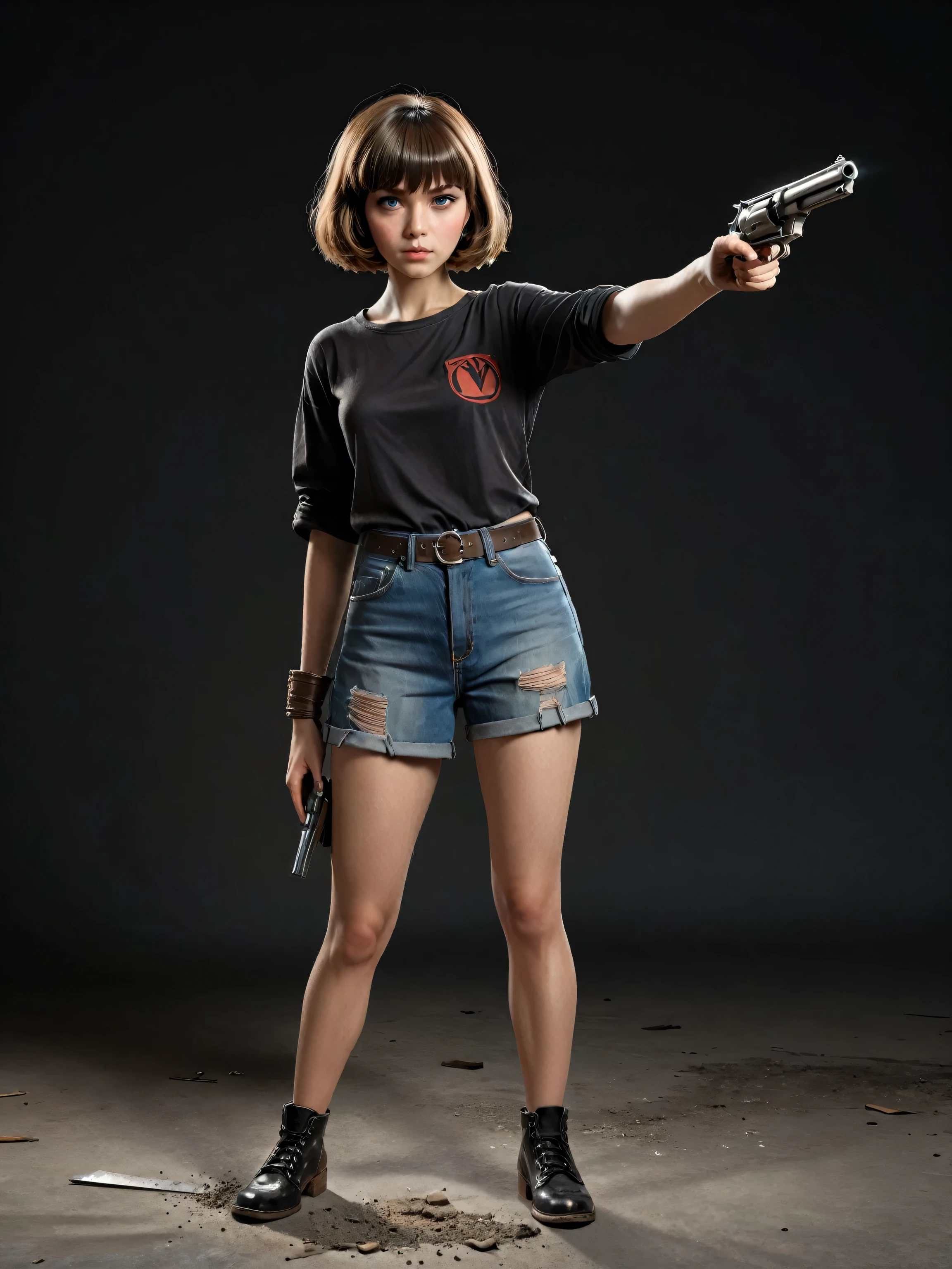 girl with a 44 magnum held in her hands pointing at the ground, 1 girl standing, short hair with bangs (full body: 1.5), hero pose, exaggerated proportions, complex character design, feeling of nostalgia, exaggerated features, appearance memorable, consistent, coherent, captivating, (clear eyes: 1.2), (highly detailed eyes: 1.2), highly detailed hands, detailed floor, textured punch, dusty floor, intricate shoes, masterpiece, intricate, comic book rendering , illustration, 2d character, flat rendering, contour, masterpiece, intricate, (simple background, black background: 1.5), rim lighting, dim light