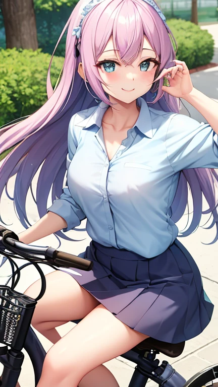 Smiling and talking to me ,  pastel colored date clothes , During a date at a park. She is riding a bicycle . , On a date ,  various poses ,  various angles ,  various top and bottom angles , skirt 