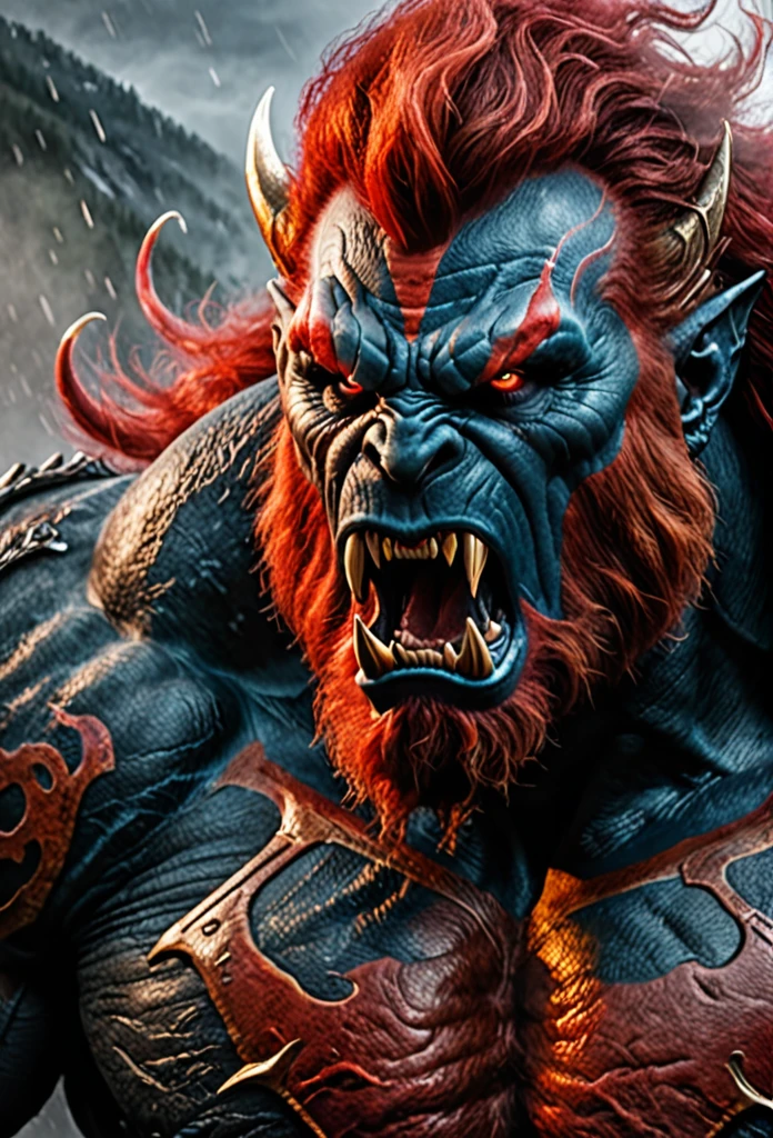beast man face, fierce, agressive, HDR, 4k, ultra realistic, ultra detailed, in the mist, mastodonte, mammut, red smoke, lightnings