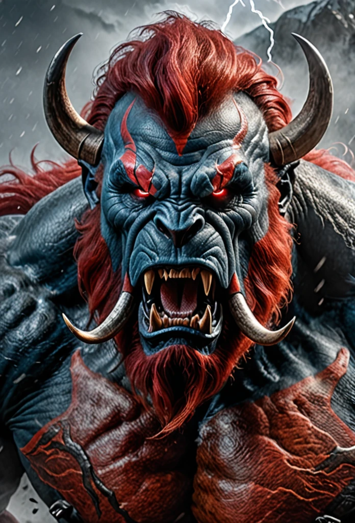 beast man face, fierce, agressive, HDR, 4k, ultra realistic, ultra detailed, in the mist, mastodonte, mammut, red smoke, lightnings