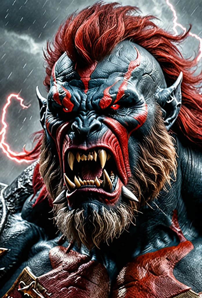 beast man face, fierce, agressive, HDR, 4k, ultra realistic, ultra detailed, in the mist, mastodonte, mammut, red smoke, lightnings