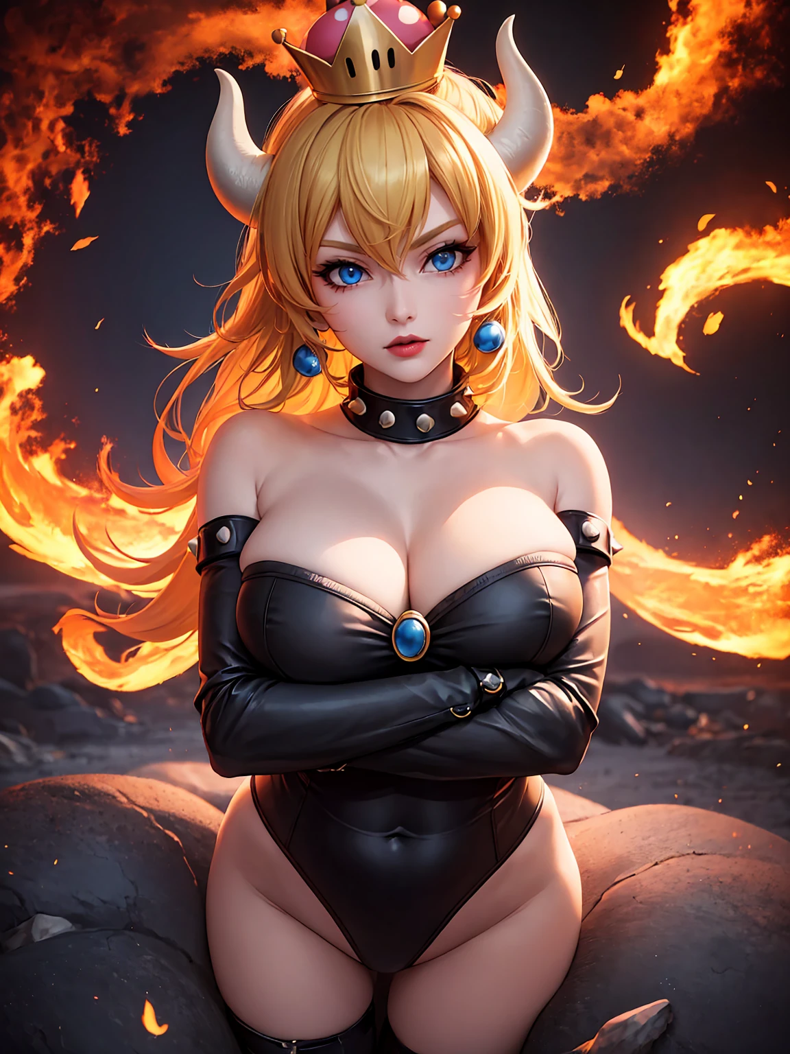 ((high detailed, best quality, 4k, masterpiece, hd:1.3)), ((best quality)), (((HD))), (((8k))), (ultraDH), (ultra HD), Princess Daisy, blue eyes, BREAK blue eyes, seductive, attractive, smooth anime cg art, 36C breasts, long legs, vivid colors, detailed digital art, slim body, perfect skin, dark blonde hair, long hair, blonde hair, blonde hair, BREAK crown, cleavage, 36C cleavage, looking at viewer, BREAK looking at viewer, extremely detailed face, red santa suit, red santa claus suit, santa claus suit, earrings, gem, dark black makeup lips, dark gothic eyeshadows, dark eyeshadows, black eyeshadows, black sexy lips, black lips, (dark:1.2), dark lips, very dark lips, (perfect hands, perfect anatomy), black makeup, black medium lips, black thick lips, detailed fingers, five fingers per hand, 5 fingers, (1 girl), detailed lips, detailed black lips, black painted lips, gothic painted lips, BREAK night, night sky, (breast focus), (arms outstreched:1.2), (from above:1.1), (breasts out:1.3), (off shoulder:1.1), (white horns), (bra), inside a lava castle, she inside a sea of lava, she bathing in lava, (((busty pornstar))), (((paizuri pose))), (((fuckable breasts))), (((hot cleavage))), (((provocative breasts))), (((Showing breasts to the viewer)))